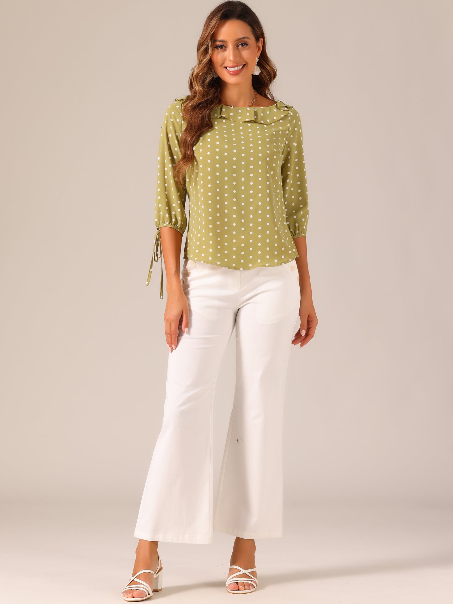 Women's Ruffled Collar Polka Dots 3/4 Sleeve Blouse