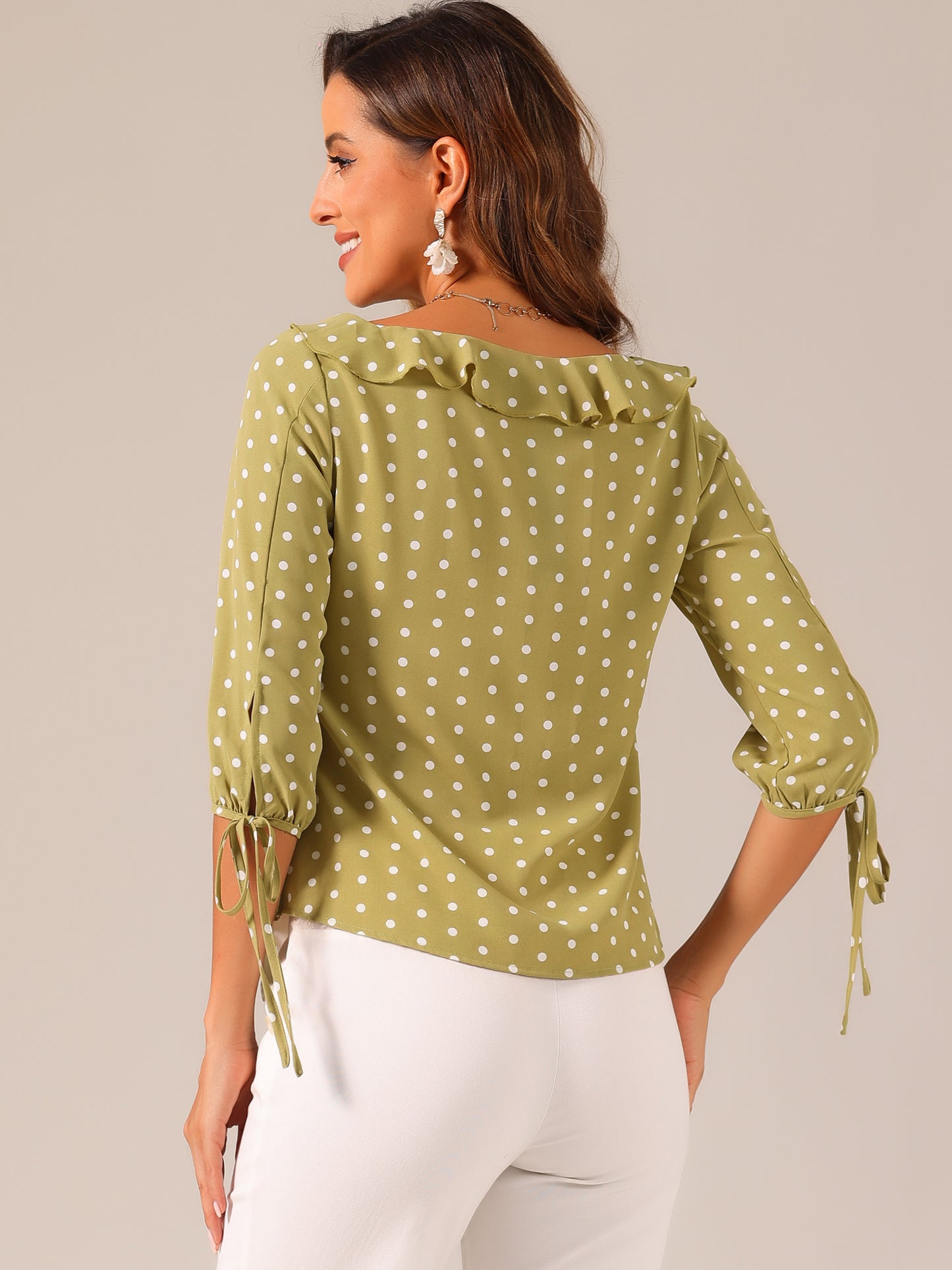 Women's Ruffled Collar Polka Dots 3/4 Sleeve Blouse