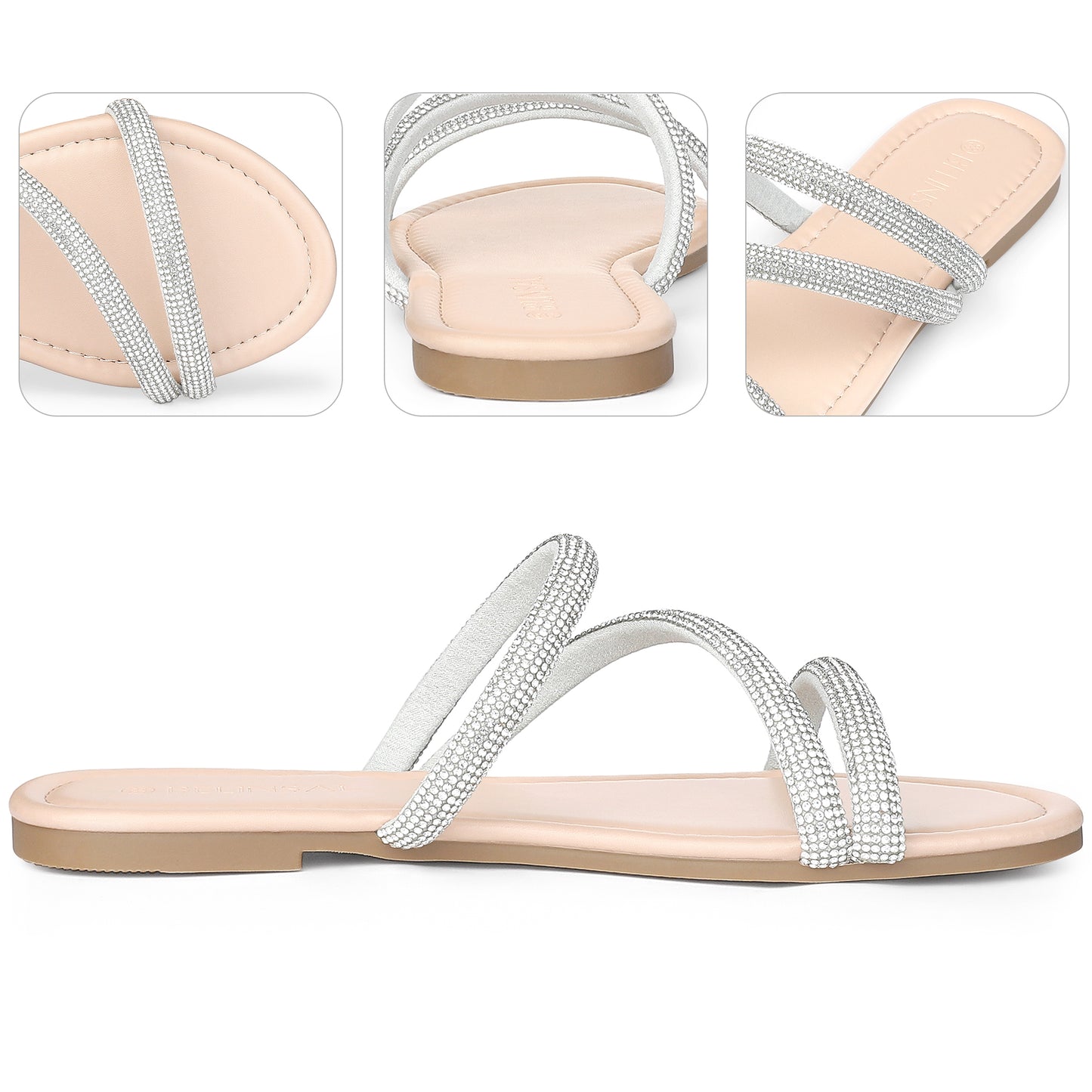 Sandalias planas con tiras y diamantes de imitación para mujer