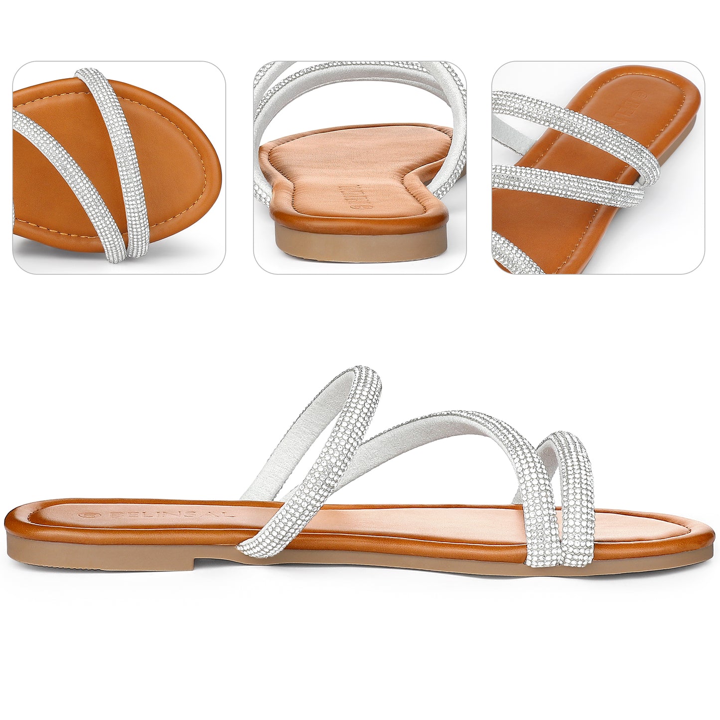 Sandalias planas con tiras y diamantes de imitación para mujer