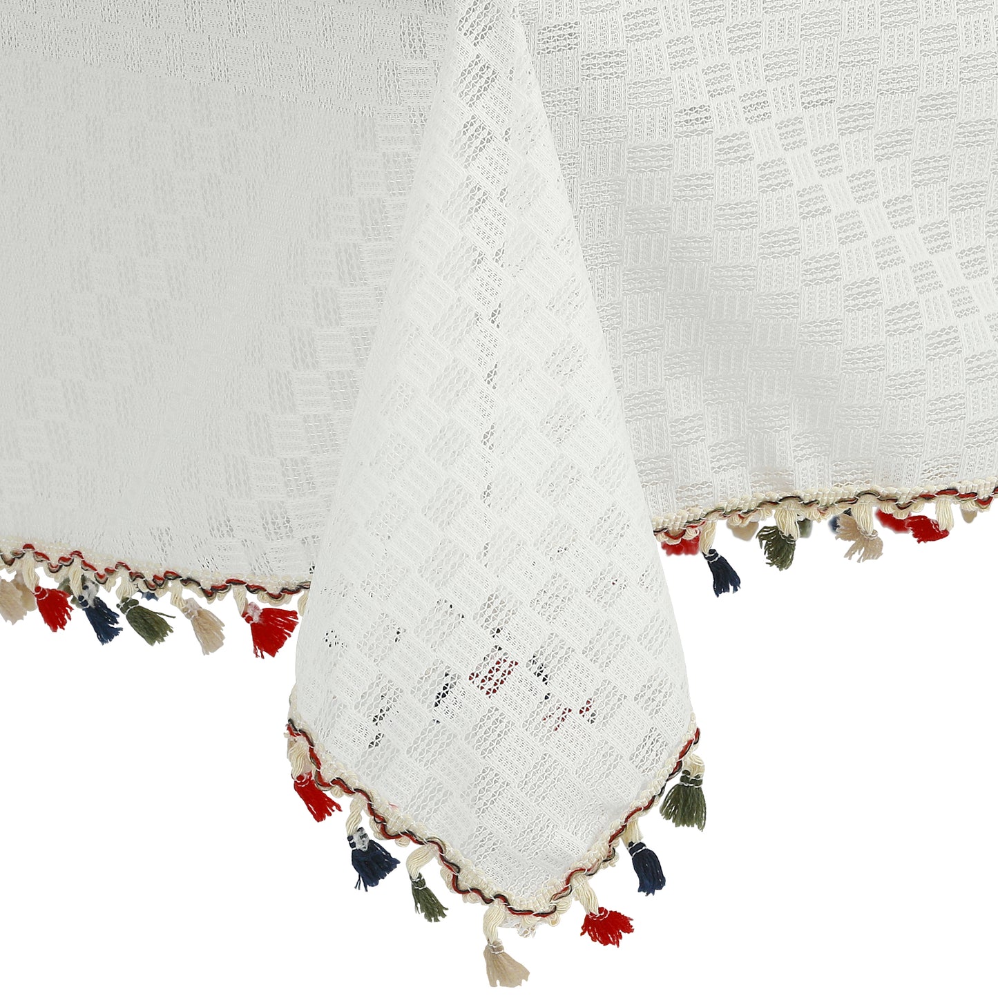Mantel rectangular de poliéster con borlas, antiarrugas.