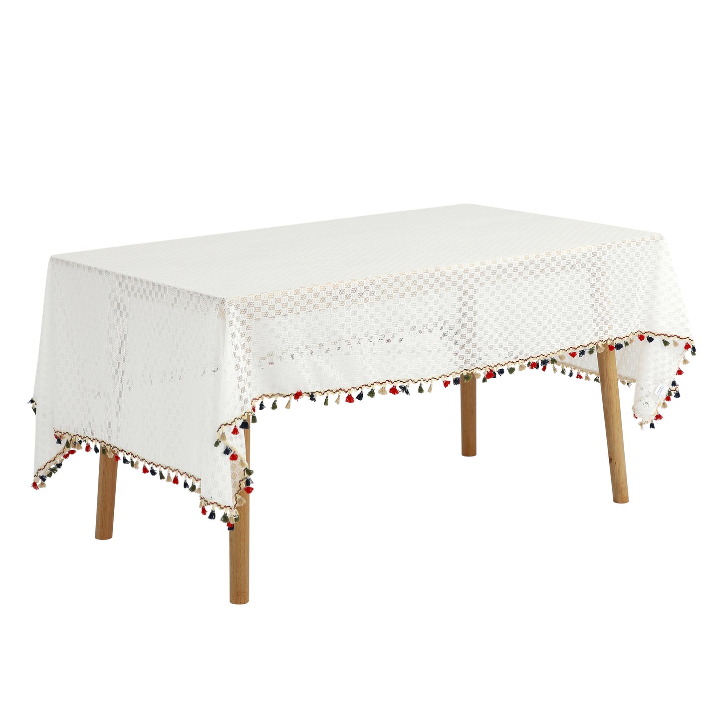 Mantel rectangular de poliéster con borlas, antiarrugas.