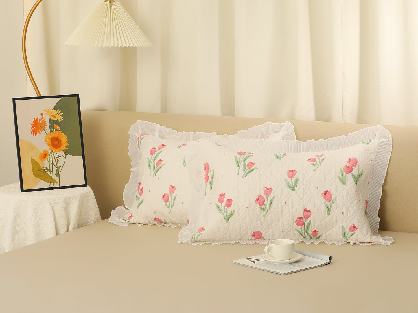 Cotton Pillowcase Set of 2, Tulip Floral Design, Ruffle Trim, Envelope Closure Pillow Covers