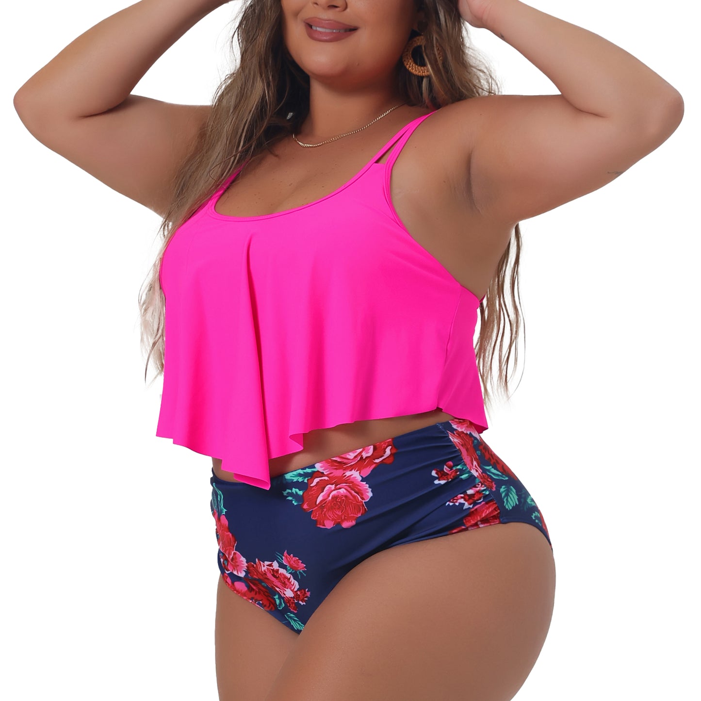 Traje de baño de dos piezas con estampado floral y cintura alta fruncida para mujer, talla grande