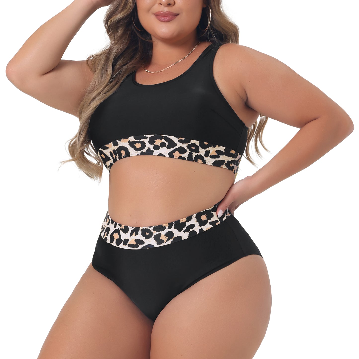 Trajes de baño de dos piezas con estampado de leopardo y cintura alta para mujer