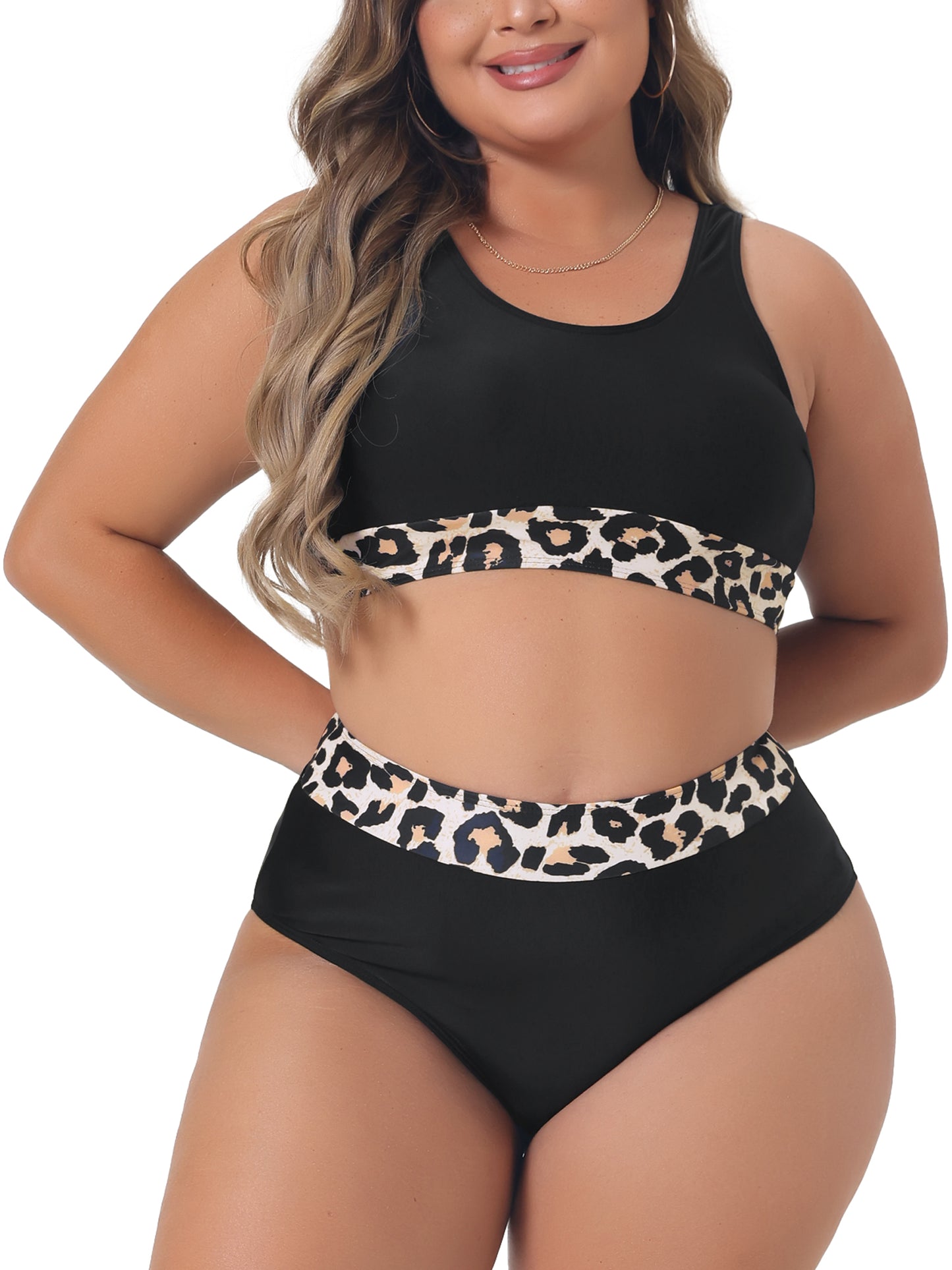 Trajes de baño de dos piezas con estampado de leopardo y cintura alta para mujer