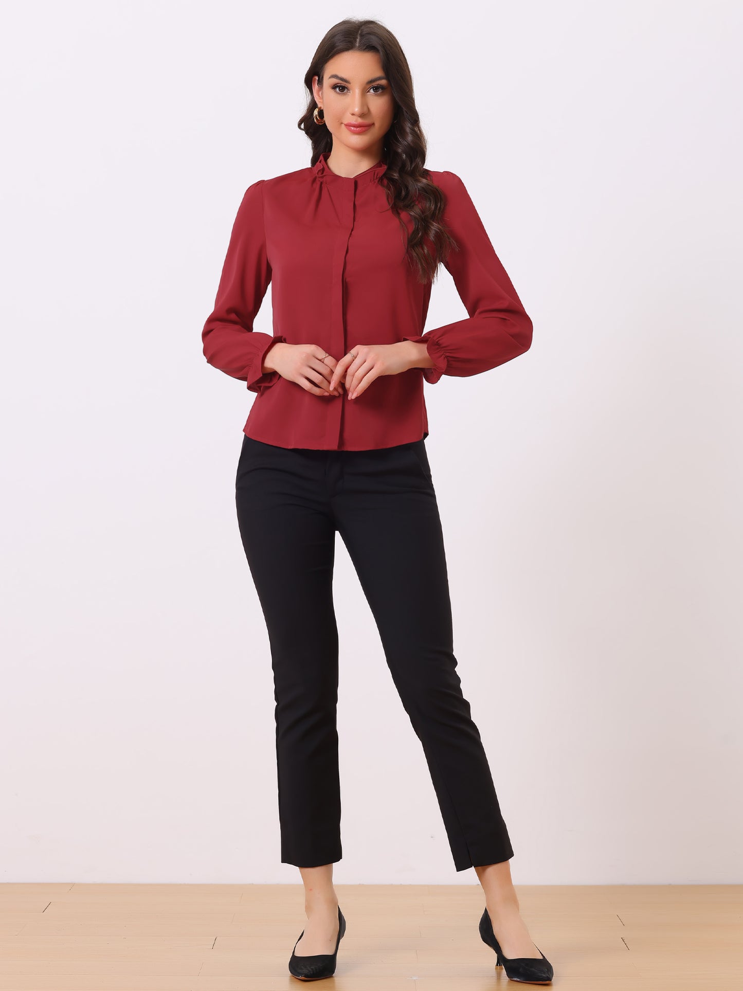 Women's Elegant Ruffled Collar Long Sleeve Chiffon Button Down Blouse Shirt