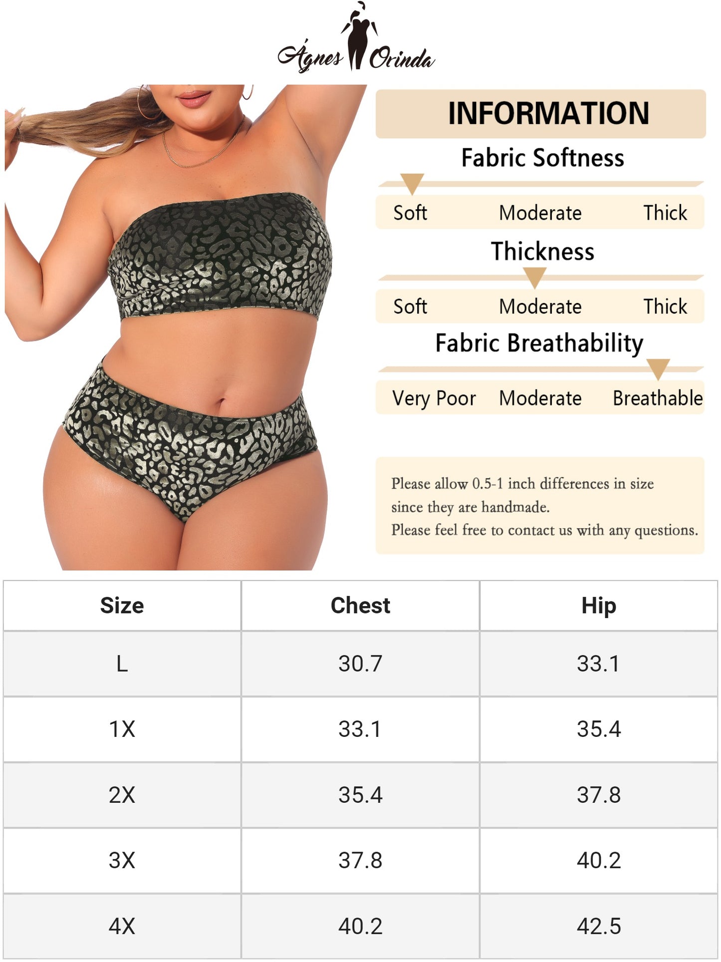 Women Plus Size 2 Piece Bandeau Bikini Velvet Leopard Swimsuit High Waisted Bathing Suit