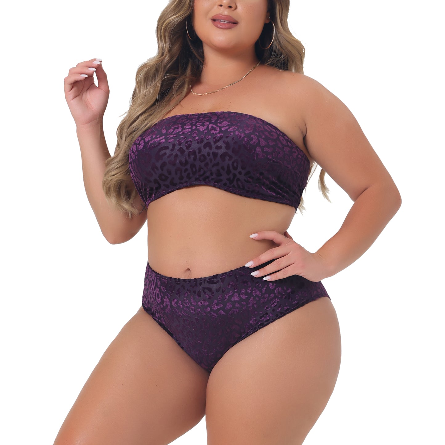Traje de baño de dos piezas con estampado de leopardo y terciopelo para mujer, talla grande, cintura alta