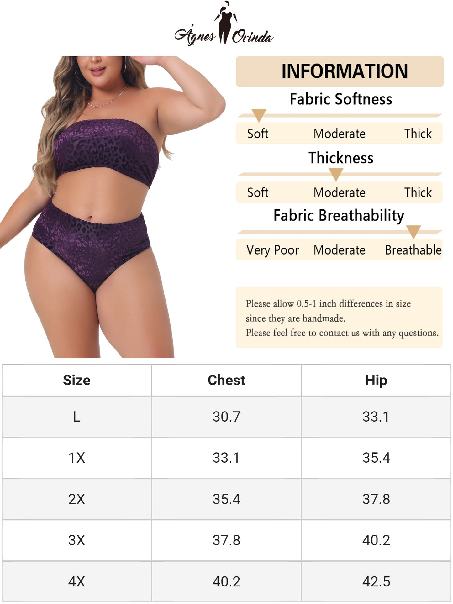 Women Plus Size 2 Piece Bandeau Bikini Velvet Leopard Swimsuit High Waisted Bathing Suit
