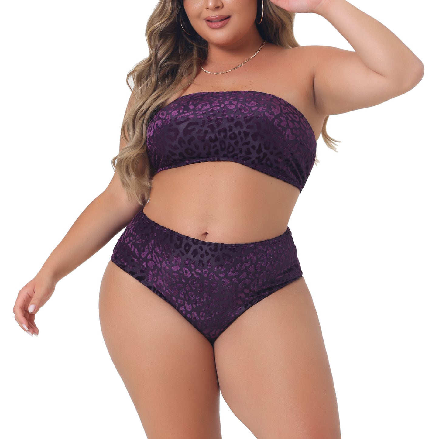Traje de baño de dos piezas con estampado de leopardo y terciopelo para mujer, talla grande, cintura alta