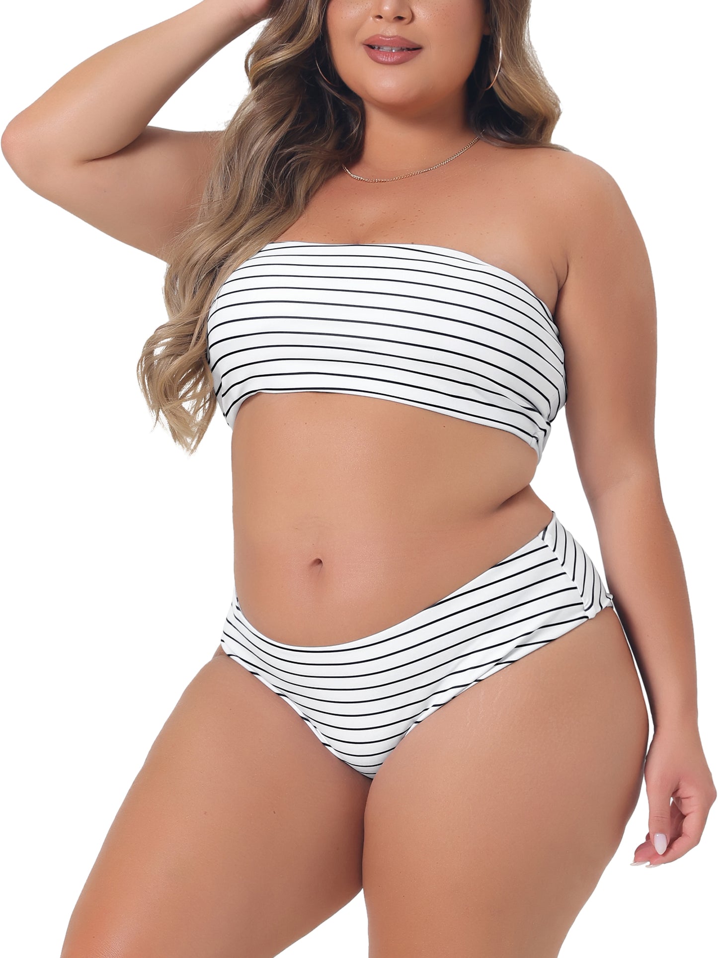 Traje de baño de dos piezas con estampado de bandeau y hombros descubiertos para mujer, talla grande, cintura alta