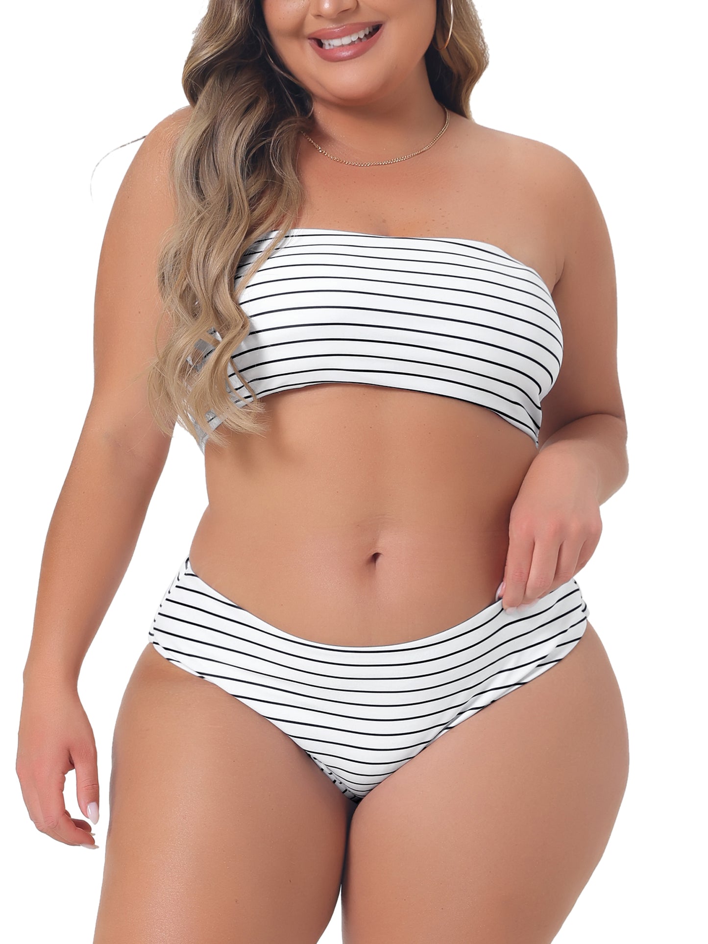 Traje de baño de dos piezas con estampado de bandeau y hombros descubiertos para mujer, talla grande, cintura alta
