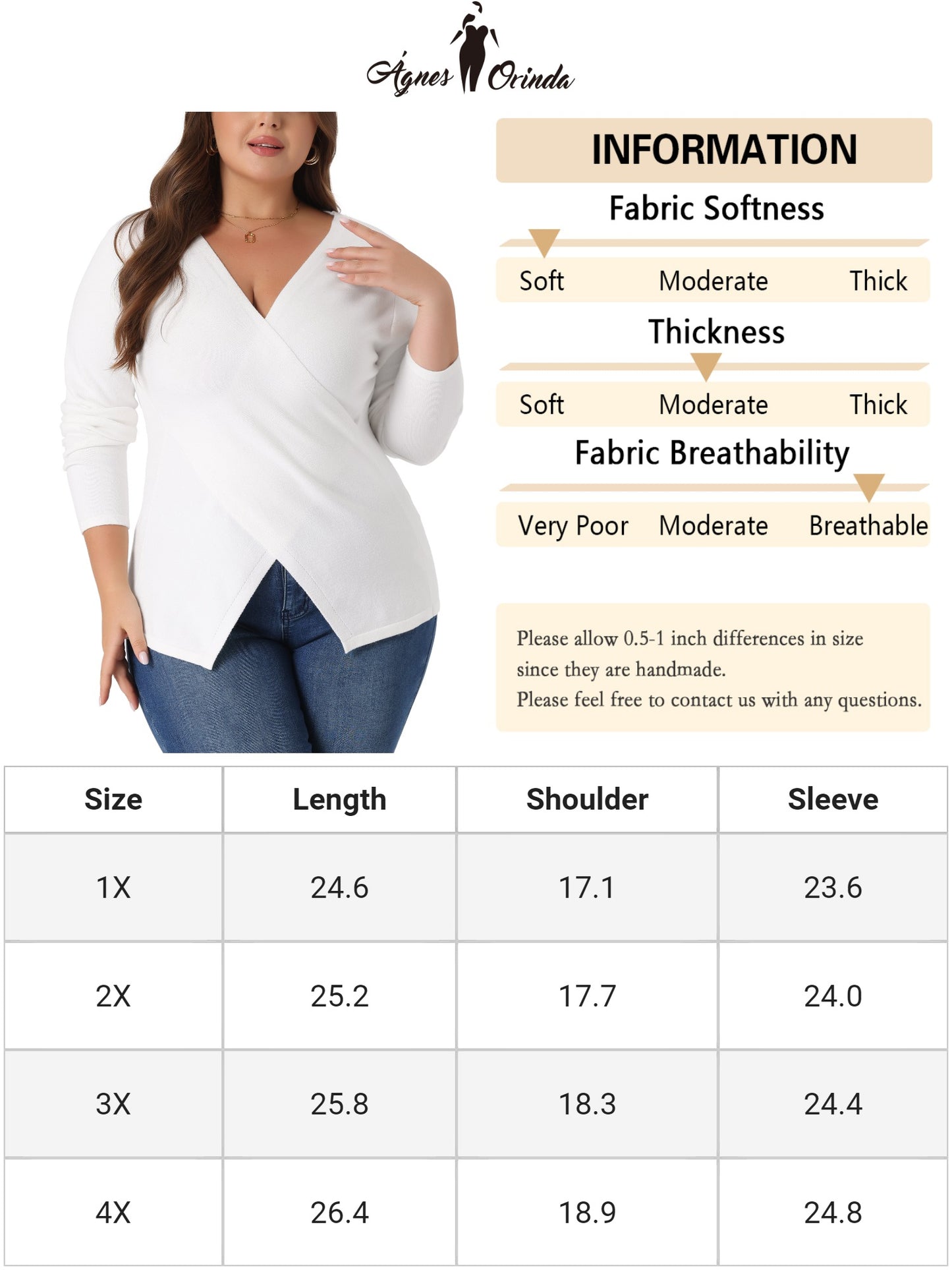 Women Plus Size Knit Top Wrap V Neck Criss Cross Long Sleeve Asymmetrical Sweater