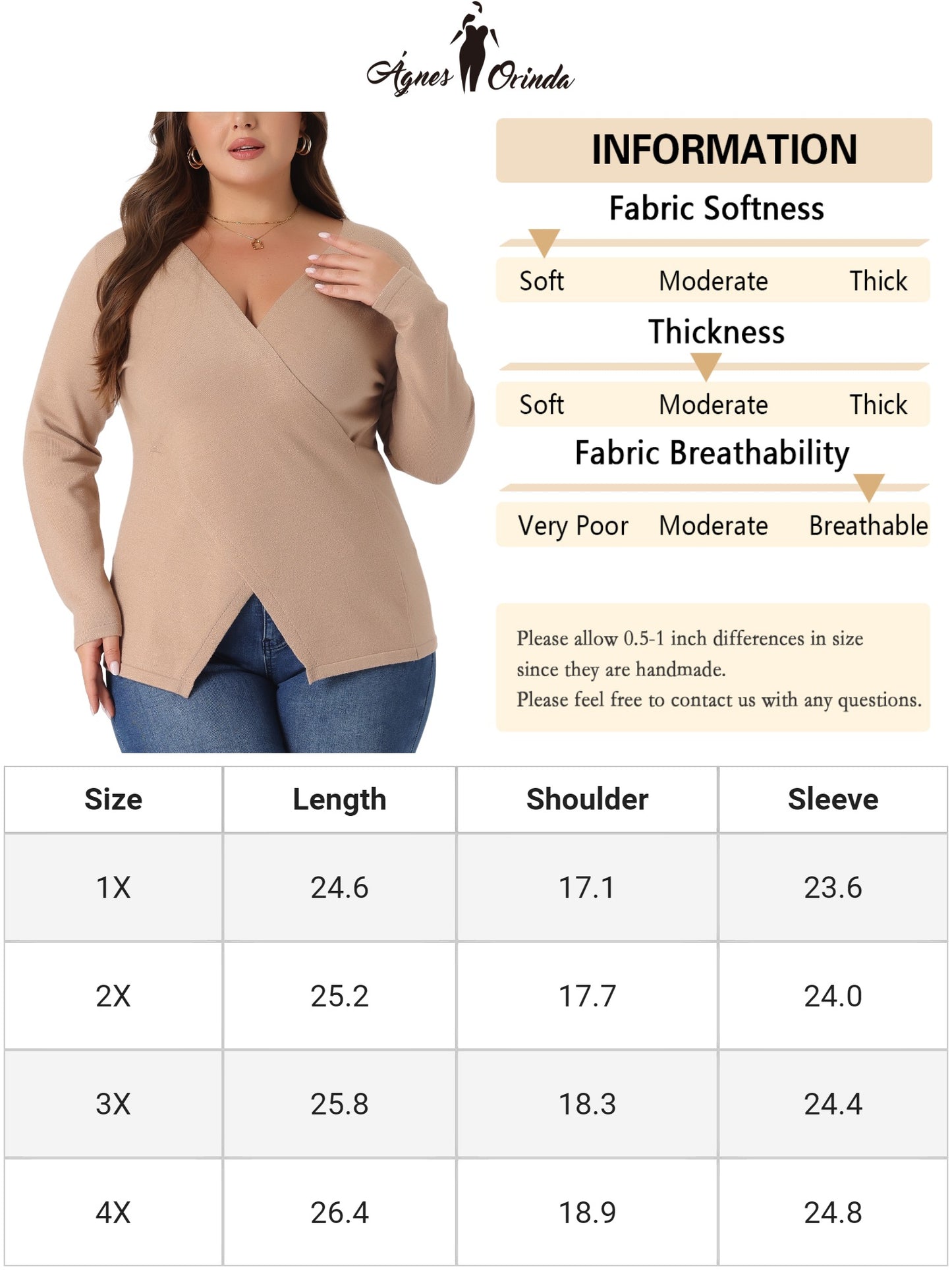Women Plus Size Knit Top Wrap V Neck Criss Cross Long Sleeve Asymmetrical Sweater