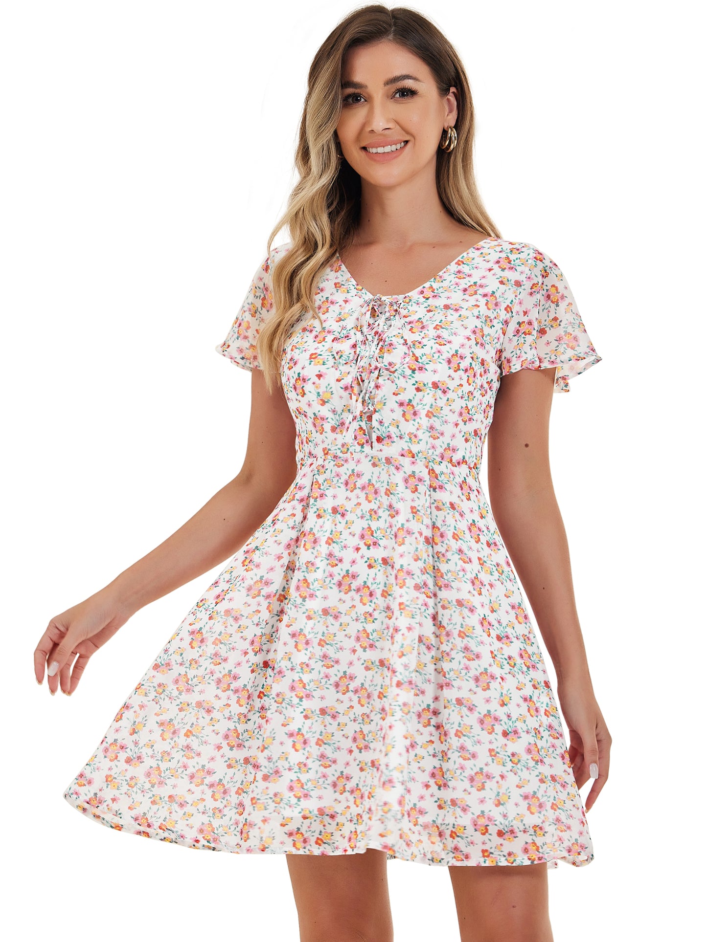 Women Floral Lace-Up V-Neck Flouncing Sleeve Chiffon A-Line Dress