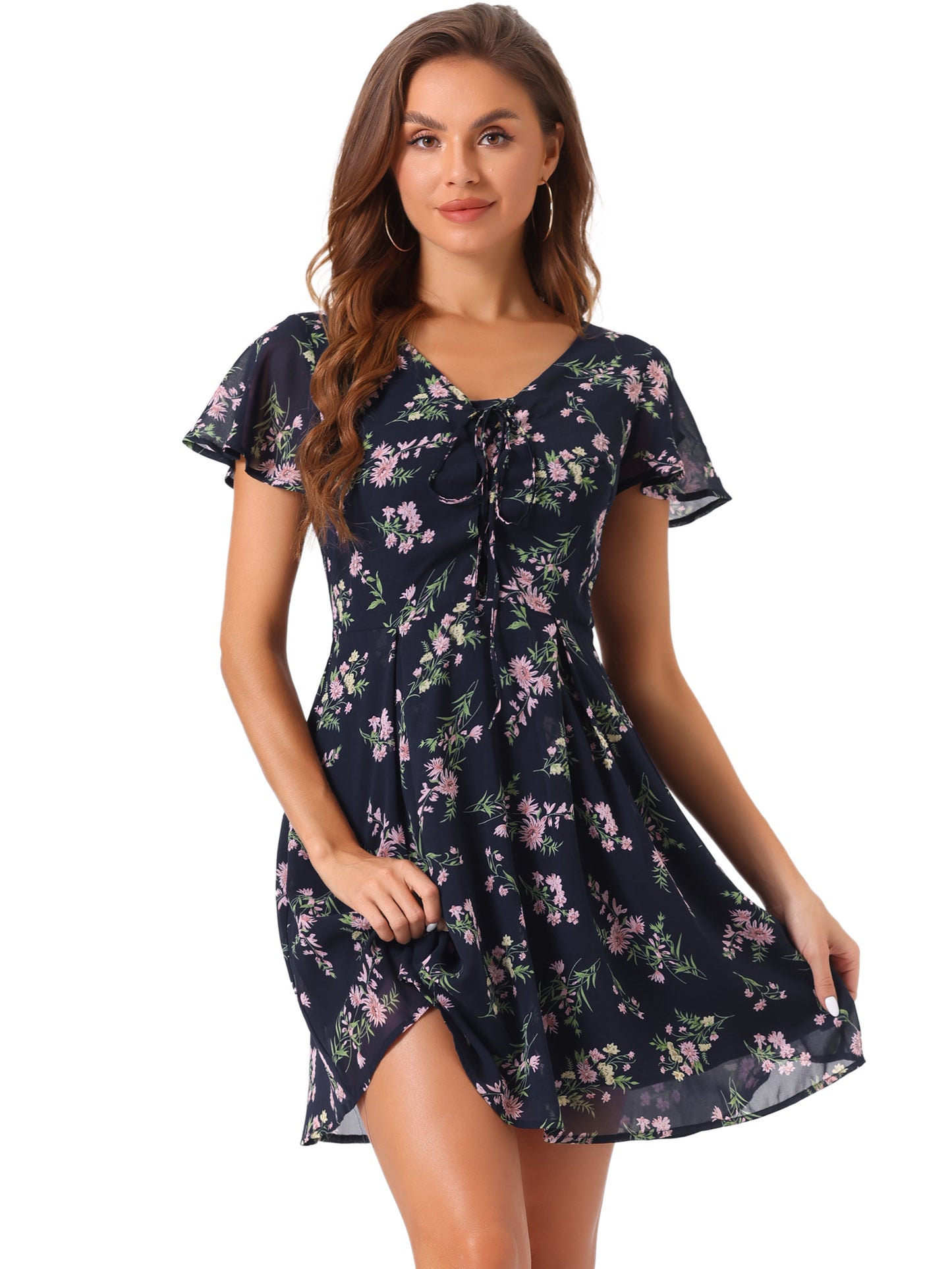 Women Floral Lace-Up V-Neck Flouncing Sleeve Chiffon A-Line Dress