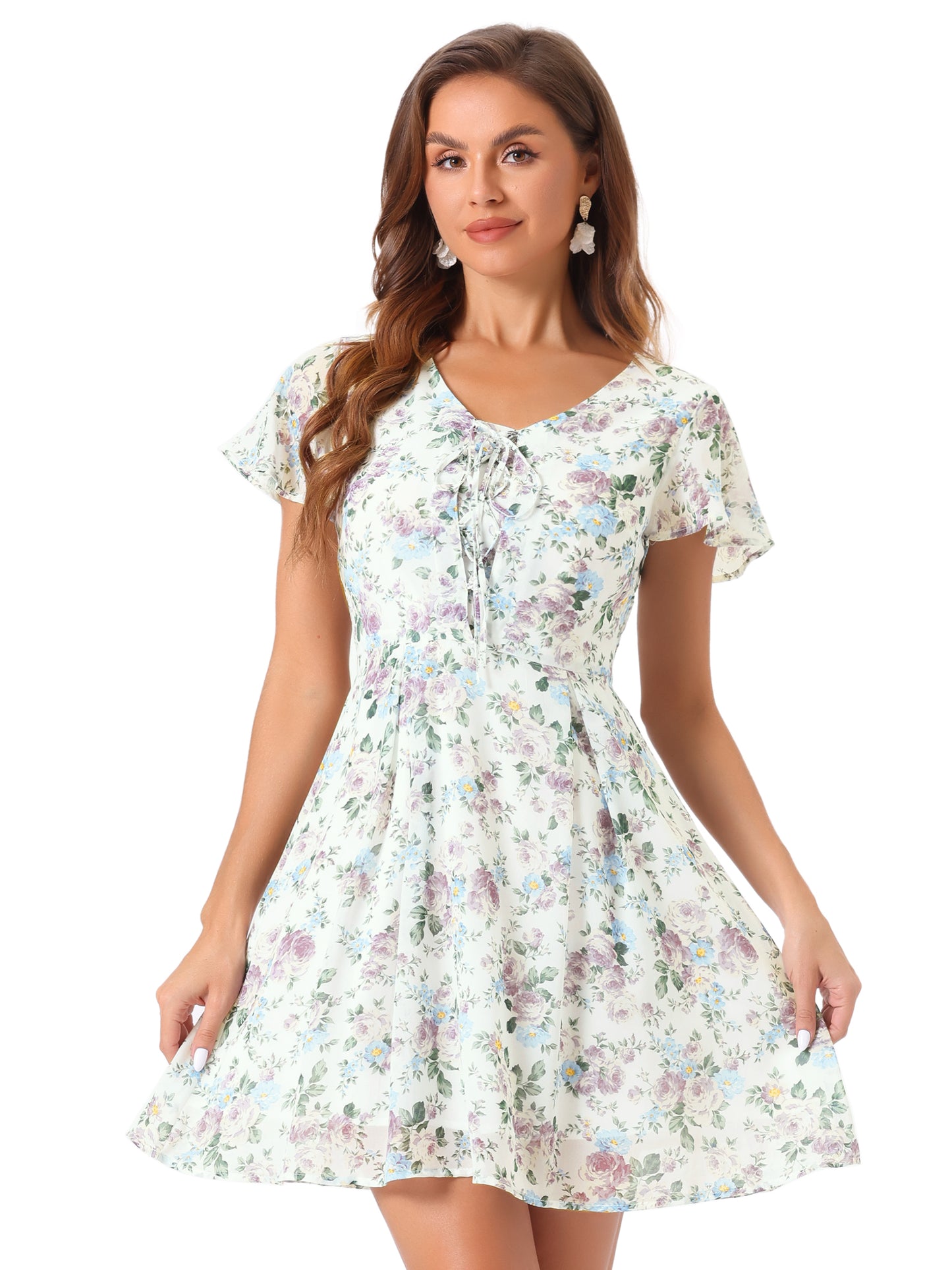 Women Floral Lace-Up V-Neck Flouncing Sleeve Chiffon A-Line Dress