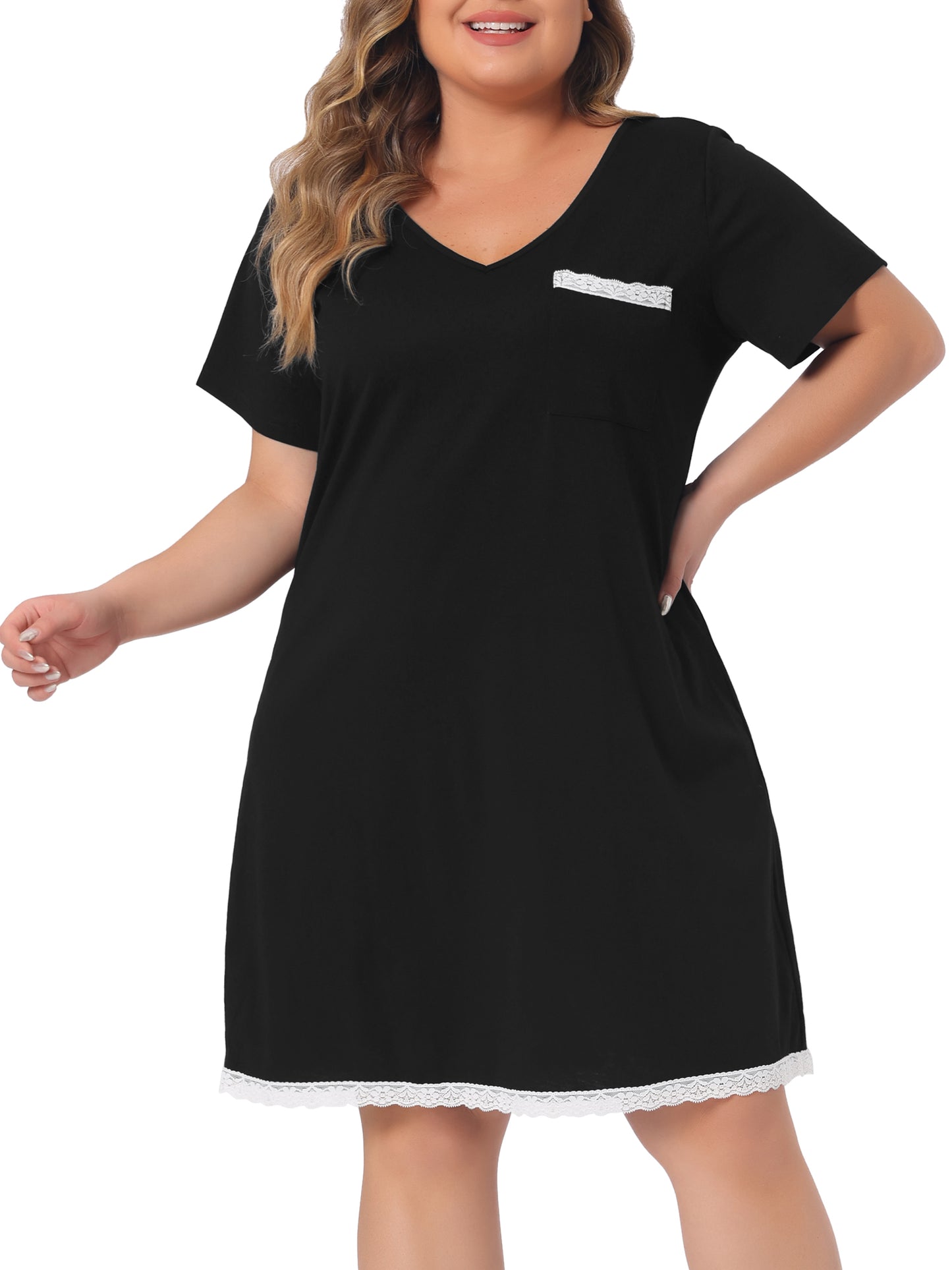 Women Plus Size Nightgown Sleepwear Sleepshirt Short Sleeve Lace Trim Pajama Nightshirt