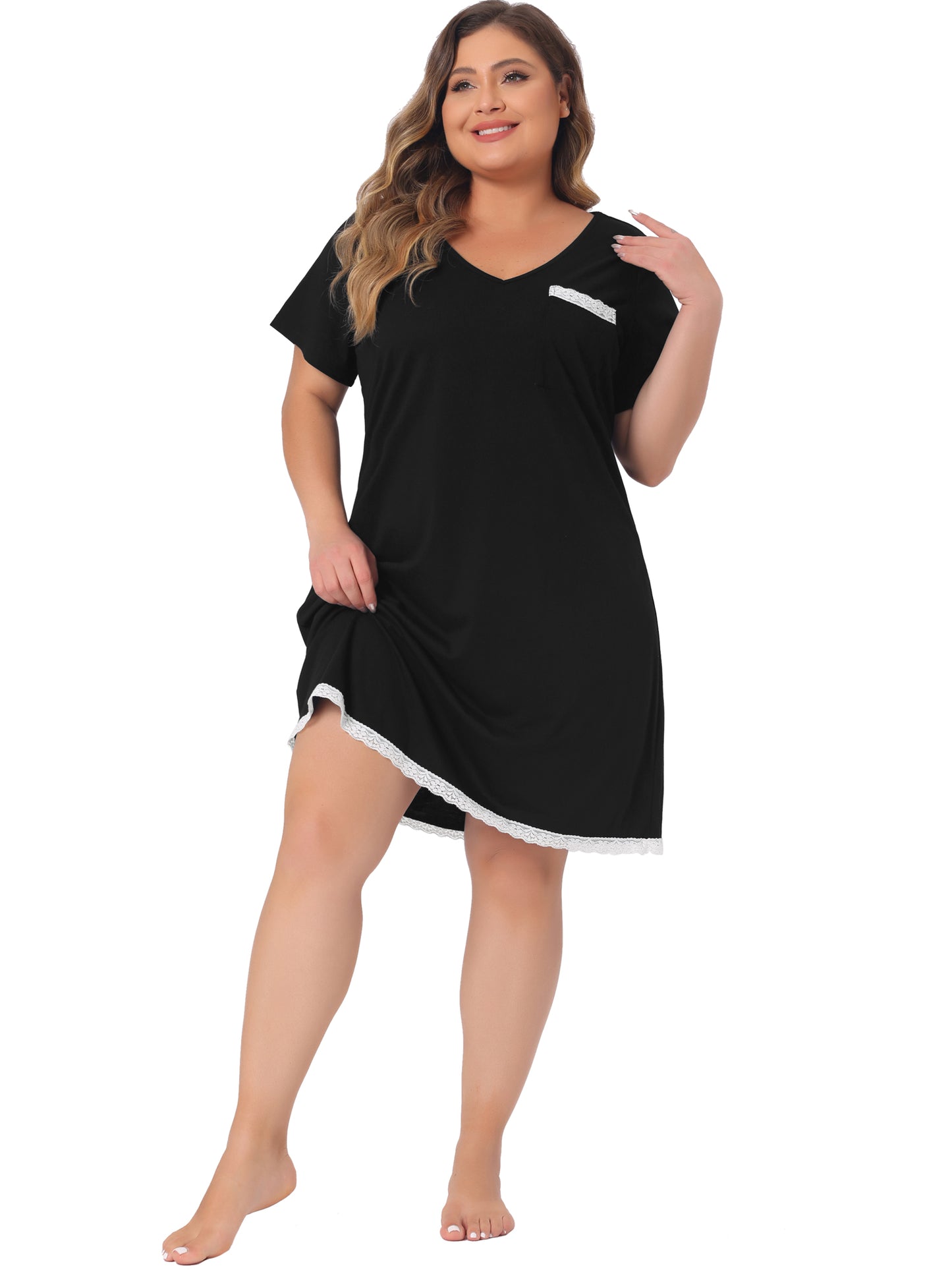 Women Plus Size Nightgown Sleepwear Sleepshirt Short Sleeve Lace Trim Pajama Nightshirt