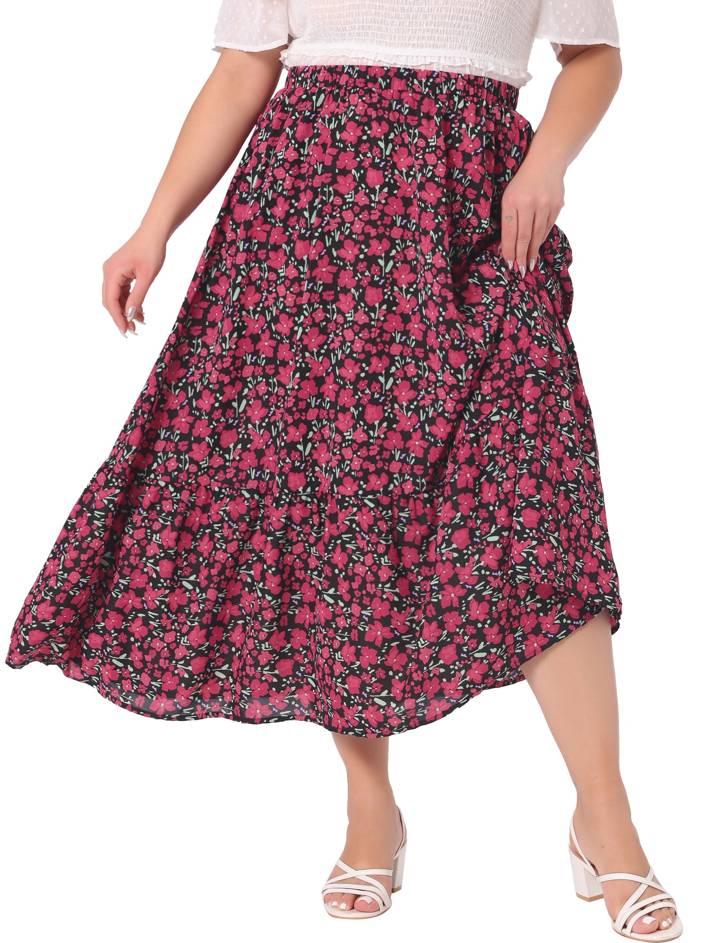 Faldas de talla grande para mujer, con estampado floral, cintura elástica, capas, línea A, con bolsillo, falda maxi de verano
