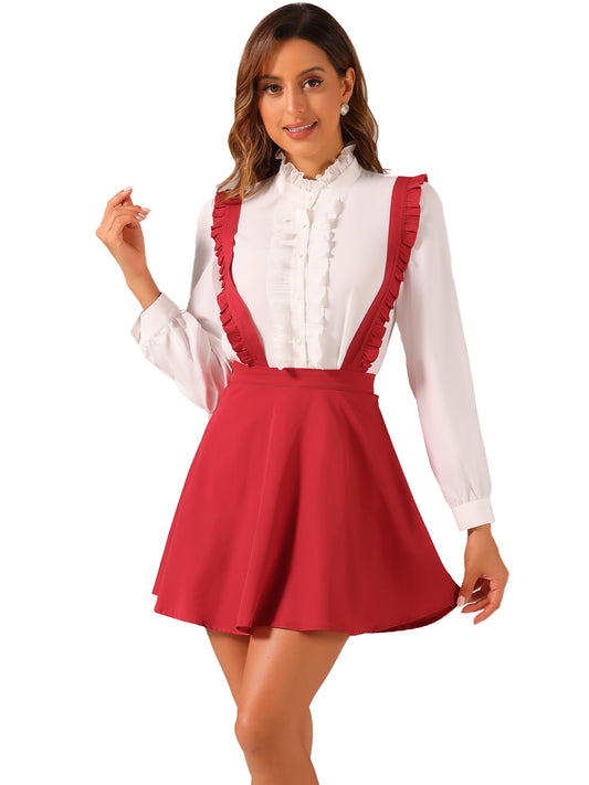 Women's Ruffles Overalls Adjustable Straps A-Line Skater Braces Mini Suspender Skirt