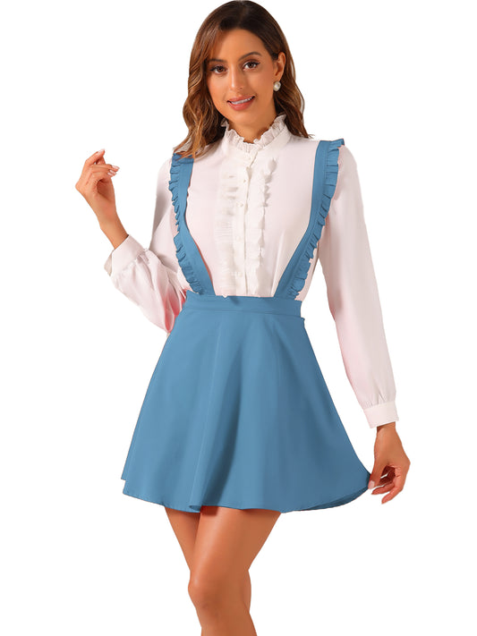 Women's Ruffles Overalls Adjustable Straps A-Line Skater Braces Mini Suspender Skirt