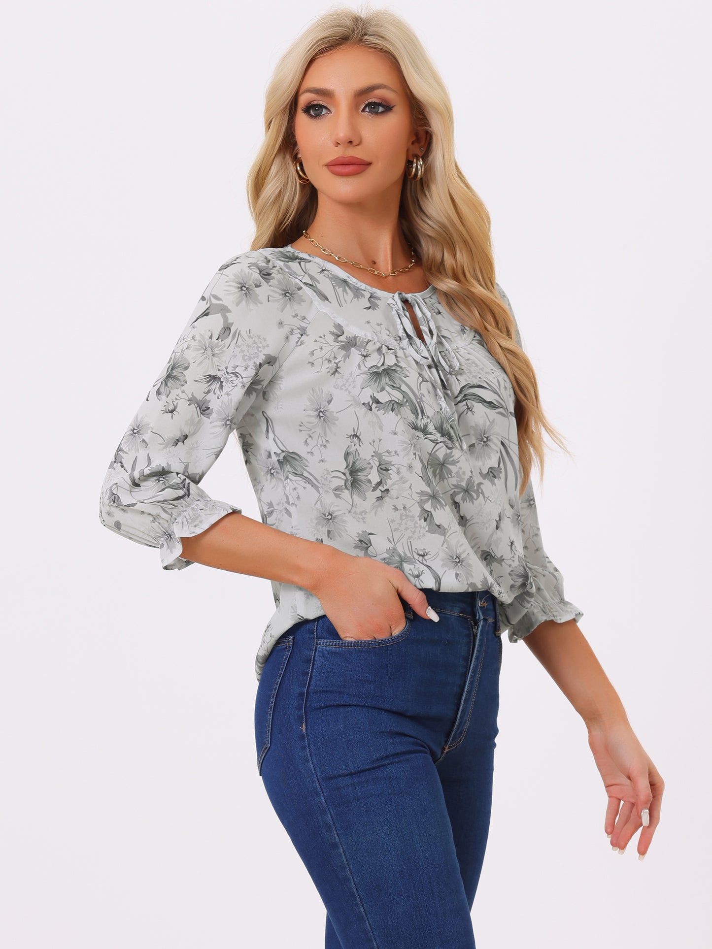 Women's Tie Neck 3/4 Sleeve Floral Blouse Bow Top