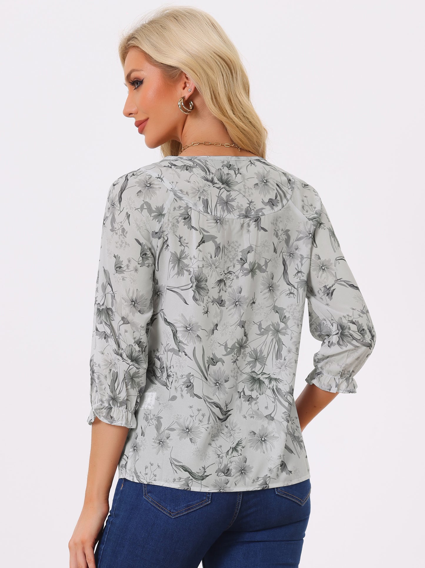 Women's Tie Neck 3/4 Sleeve Floral Blouse Bow Top