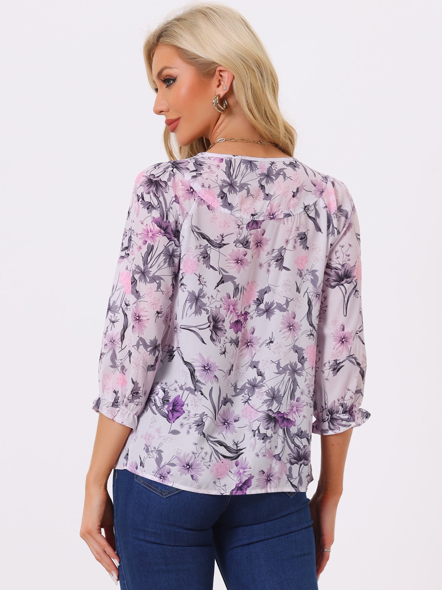 Women's Tie Neck 3/4 Sleeve Floral Blouse Bow Top