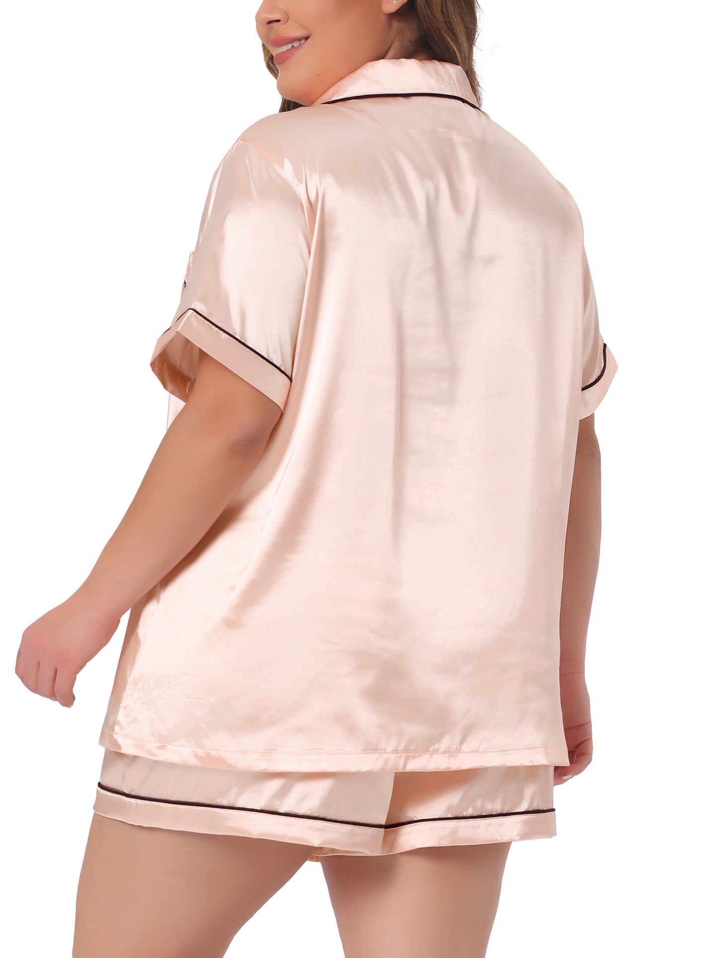 Women Plus Size Pajamas Set Satin Button Down Tops Sleepwear Pajama Shorts 2 Pcs Lounge Sets with Pocket