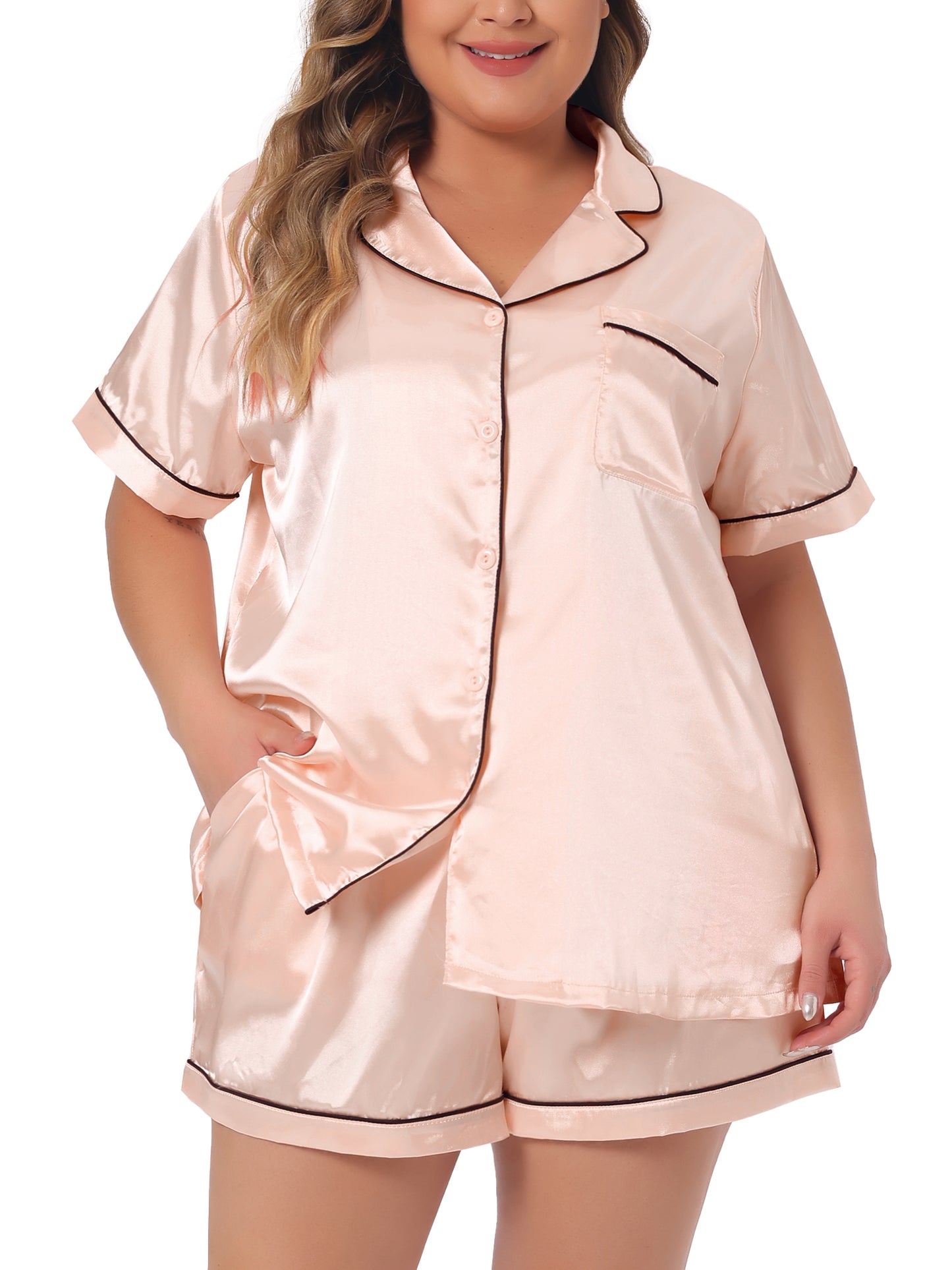 Women Plus Size Pajamas Set Satin Button Down Tops Sleepwear Pajama Shorts 2 Pcs Lounge Sets with Pocket