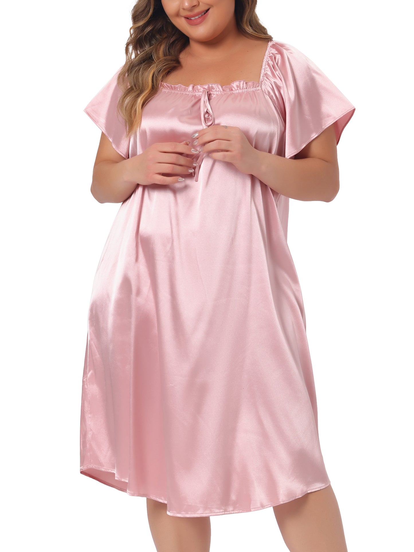 Women Plus Size Satin Silk Nightgown Pleated Loose Sleepwear Sleep Dress