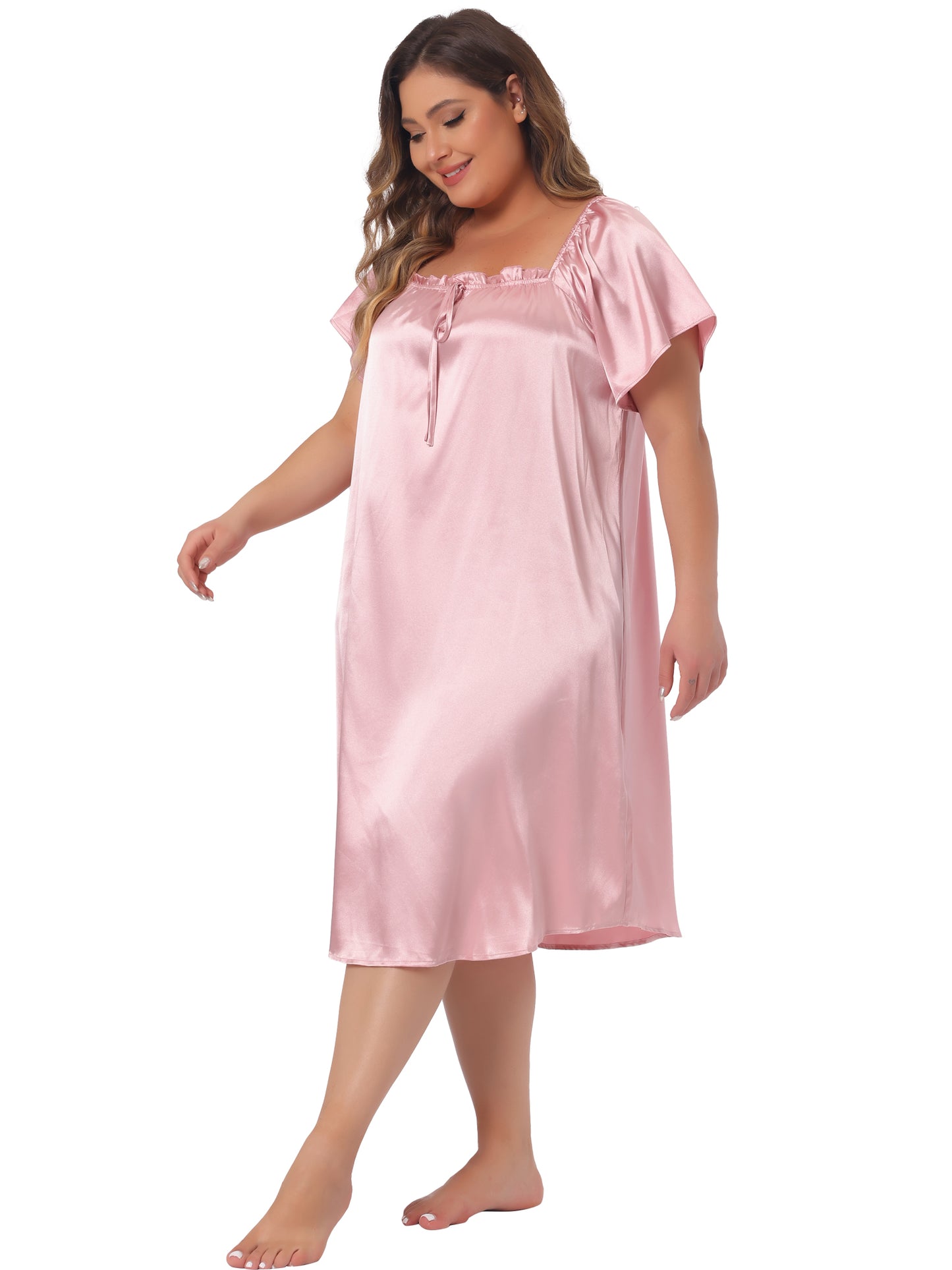 Women Plus Size Satin Silk Nightgown Pleated Loose Sleepwear Sleep Dress