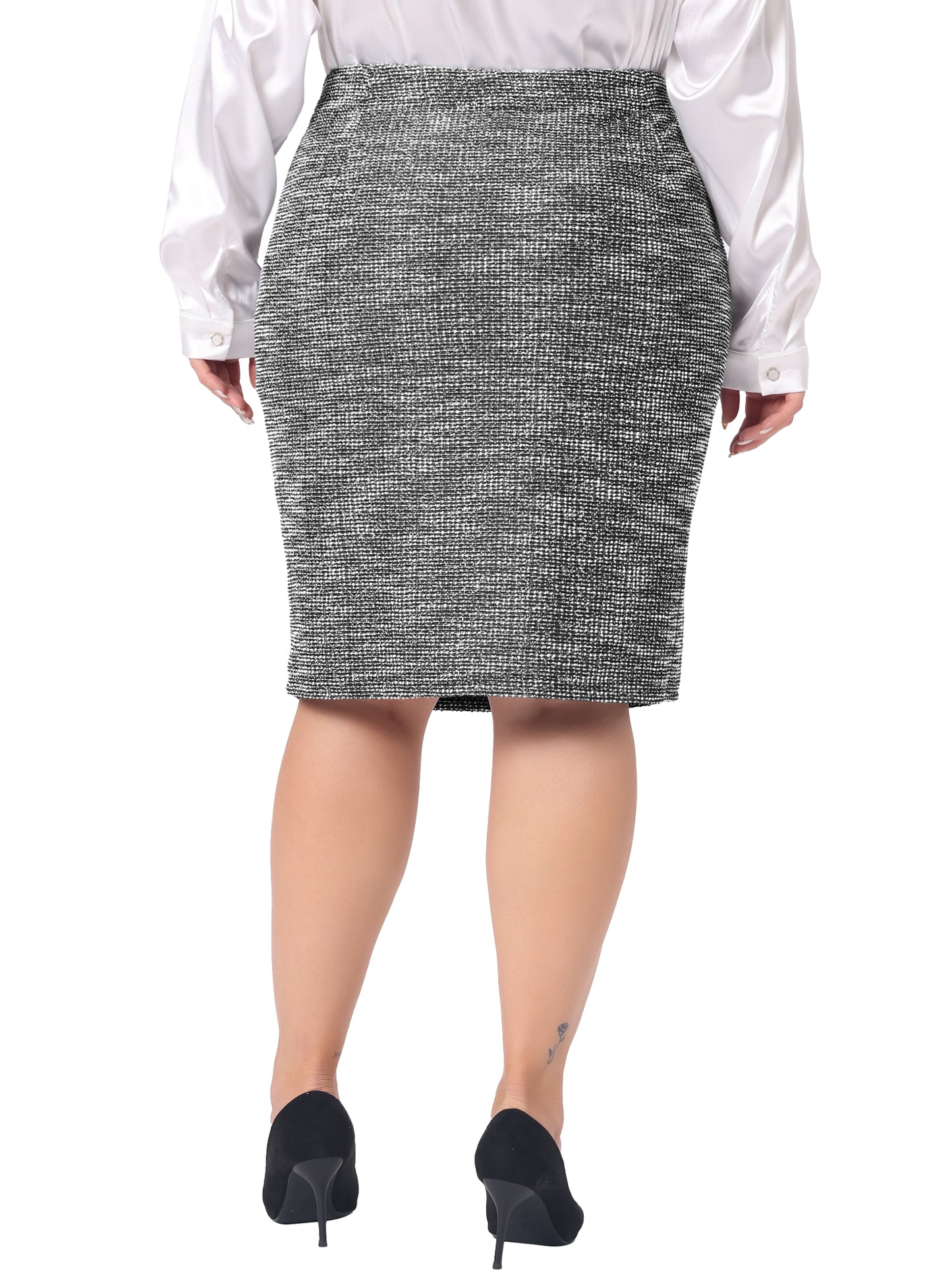 Women Plus Size Skirt Tweed High Waisted Back Stretchy Office Pencil Skirt