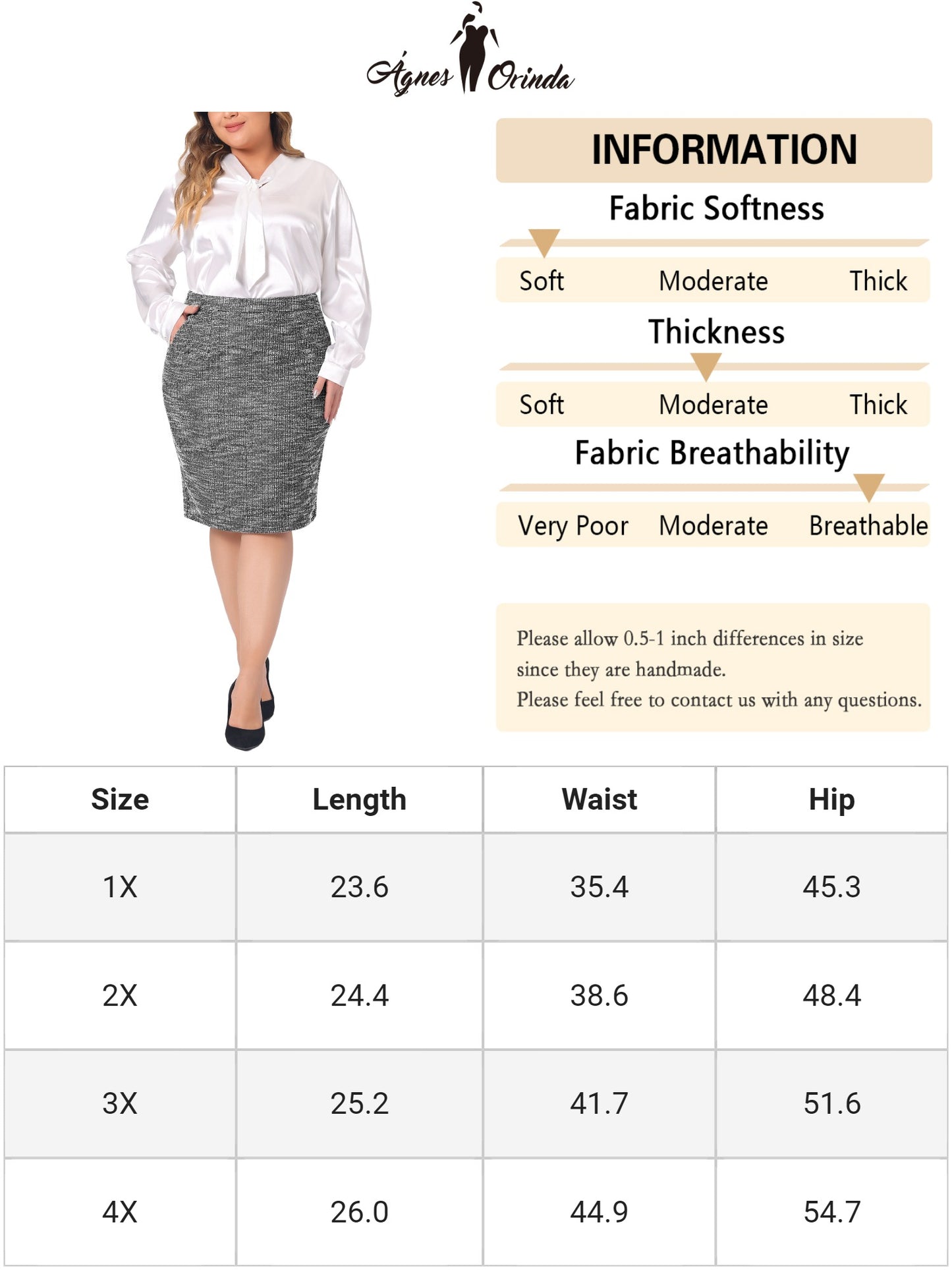 Women Plus Size Skirt Tweed High Waisted Back Stretchy Office Pencil Skirt