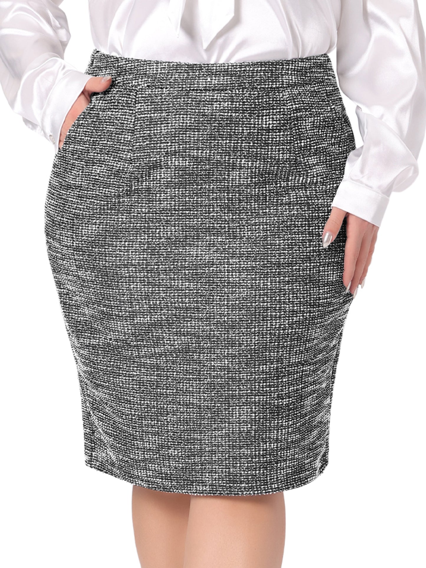 Women Plus Size Skirt Tweed High Waisted Back Stretchy Office Pencil Skirt