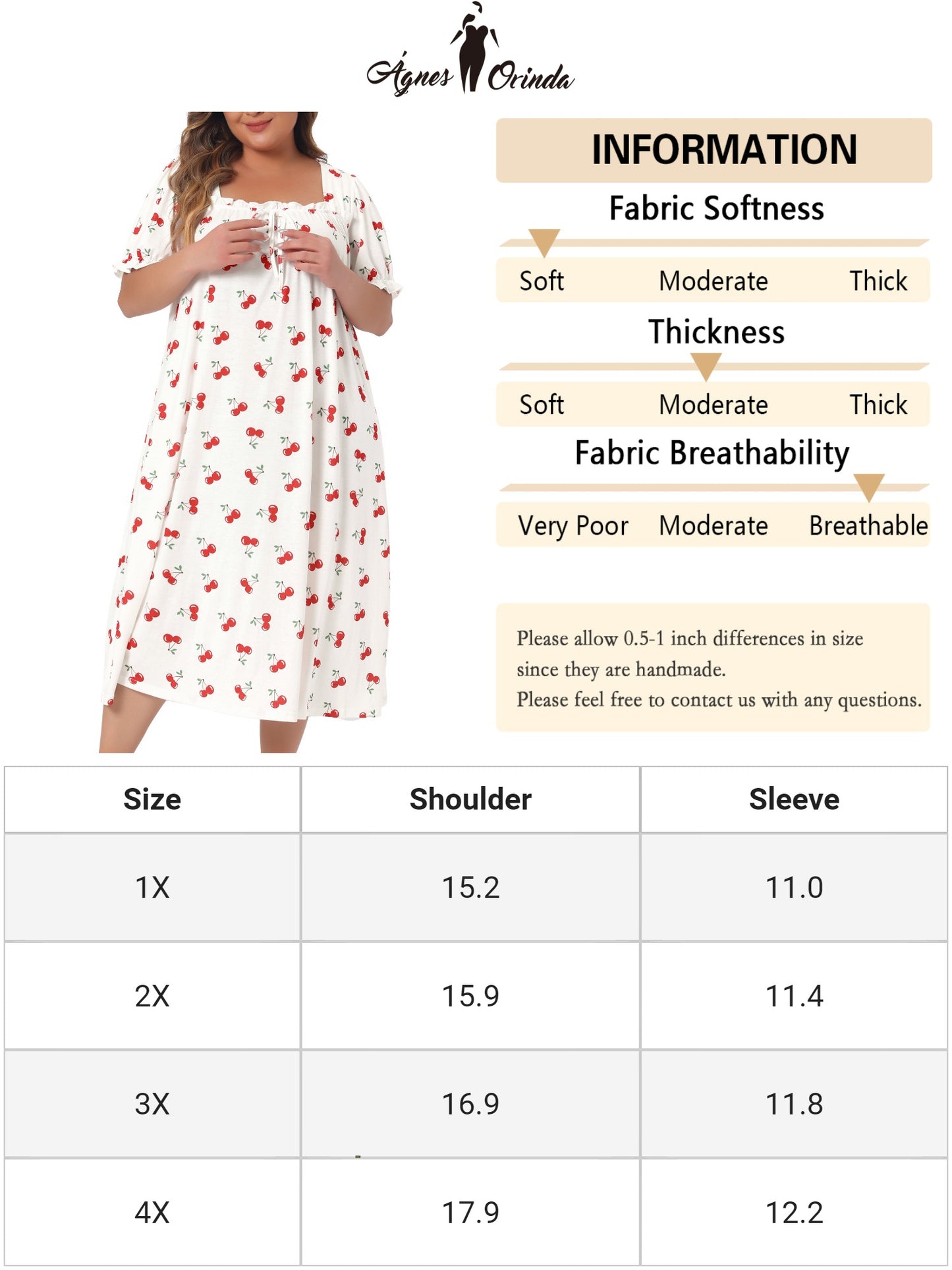Women Plus Size Nightgowns Cute Cherry Sleepshirts Ruffle Nightdress Loungewear