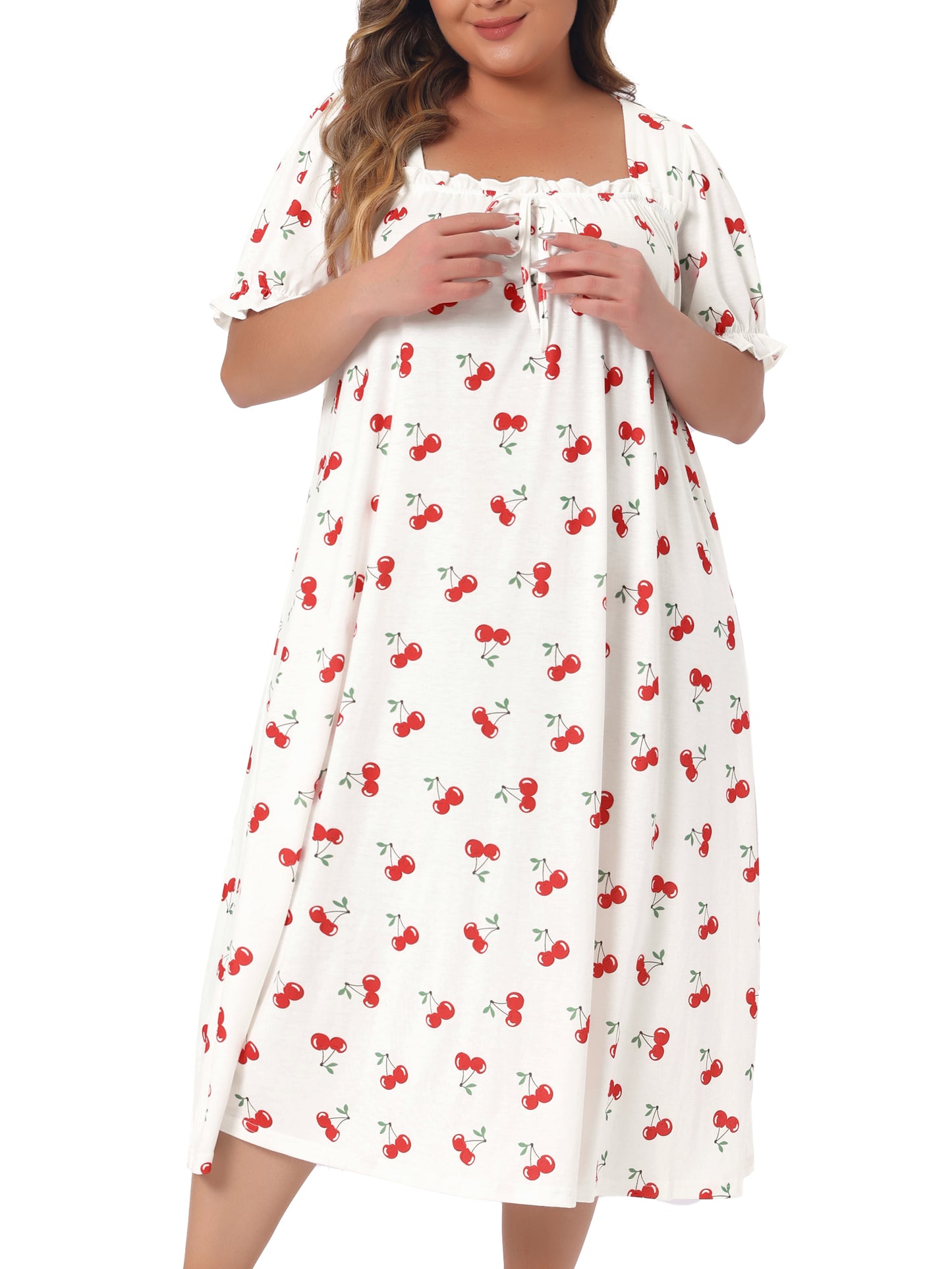 Women Plus Size Nightgowns Cute Cherry Sleepshirts Ruffle Nightdress Loungewear