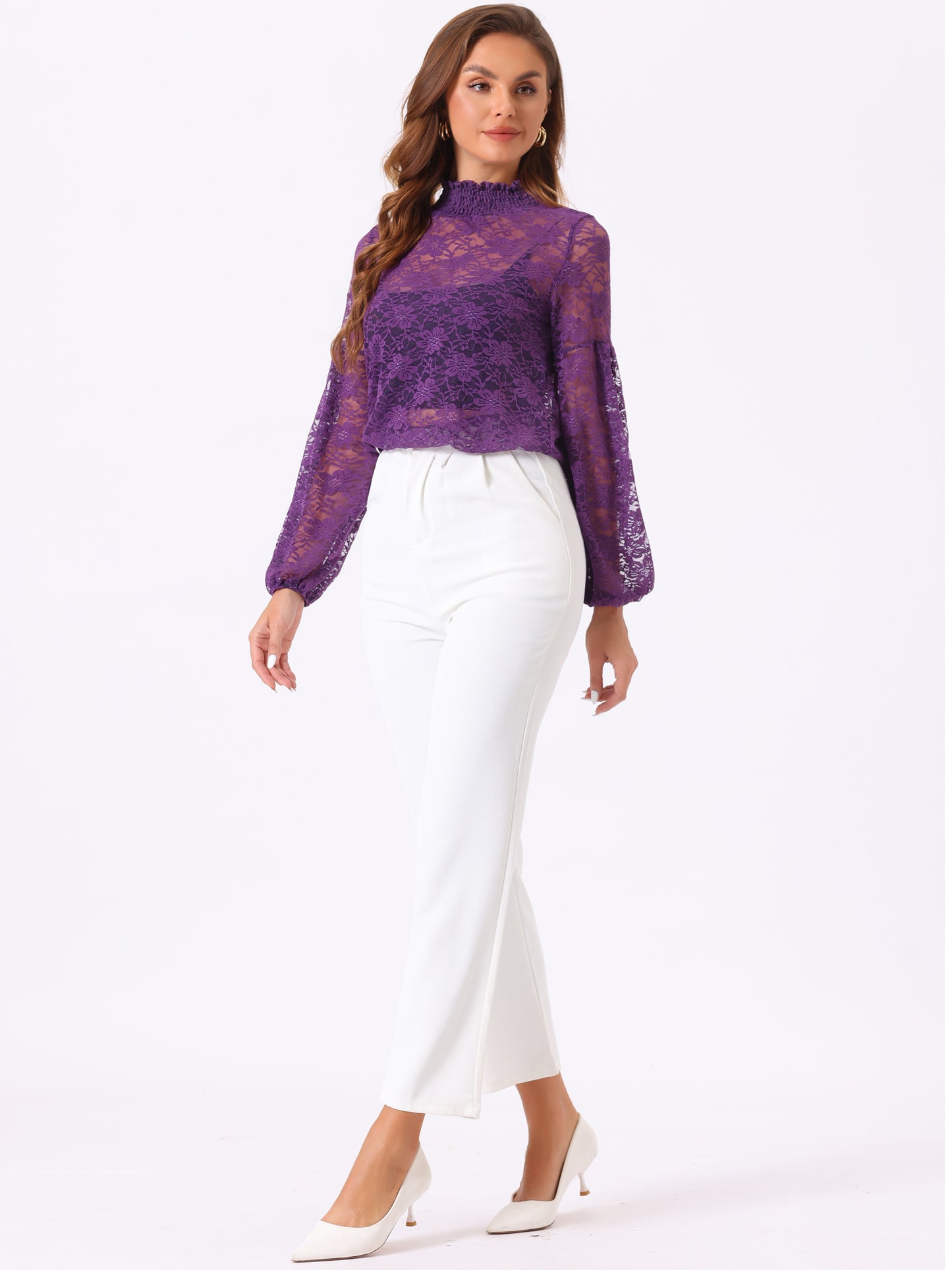 Women's Floral Lace Turtleneck Puff Long Sleeve See Through Sheer Blouse