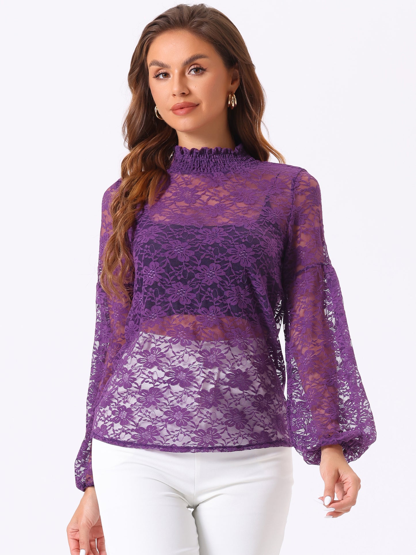 Women's Floral Lace Turtleneck Puff Long Sleeve See Through Sheer Blouse