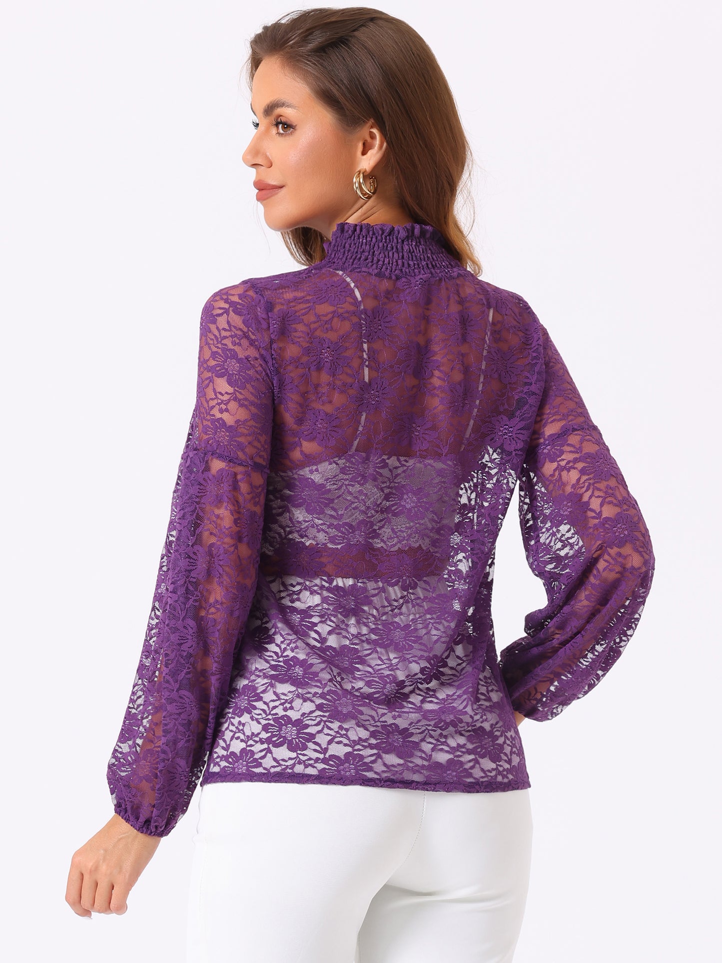 Women's Floral Lace Turtleneck Puff Long Sleeve See Through Sheer Blouse