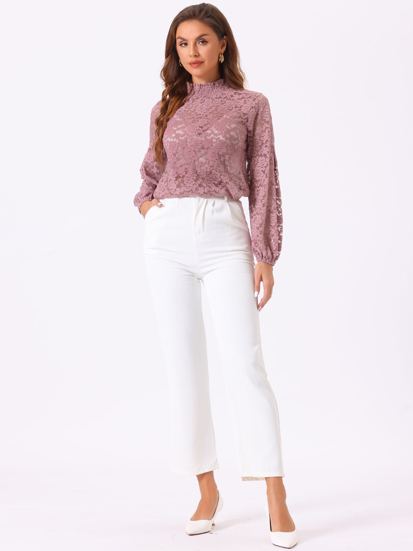 Women's Floral Lace Turtleneck Puff Long Sleeve See Through Sheer Blouse