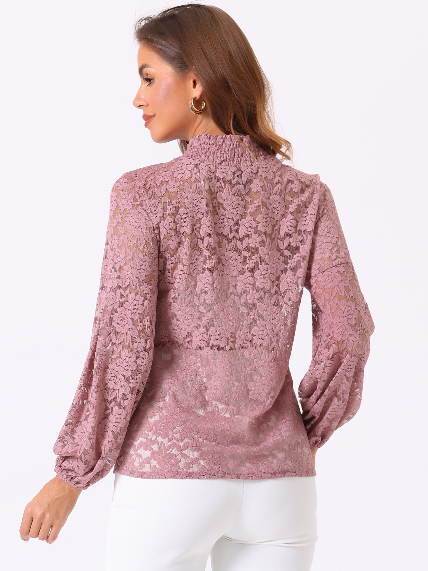Women's Floral Lace Turtleneck Puff Long Sleeve See Through Sheer Blouse