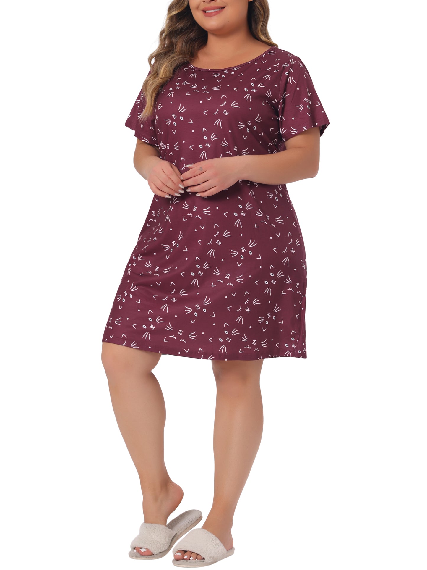 Women Plus Size Nightgown Pajama Round Neck Cat Allover Print Cute Sleepdress
