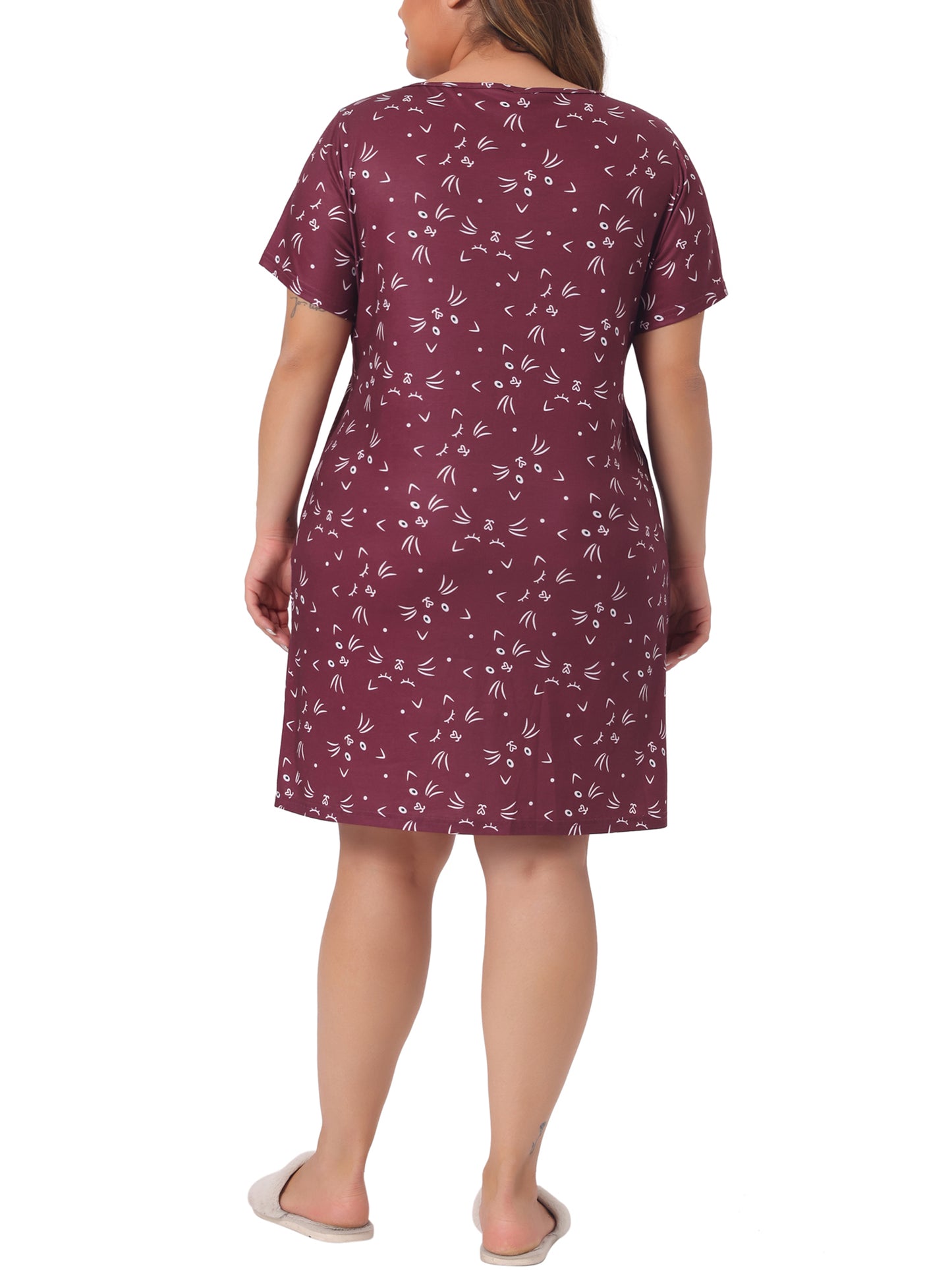 Women Plus Size Nightgown Pajama Round Neck Cat Allover Print Cute Sleepdress