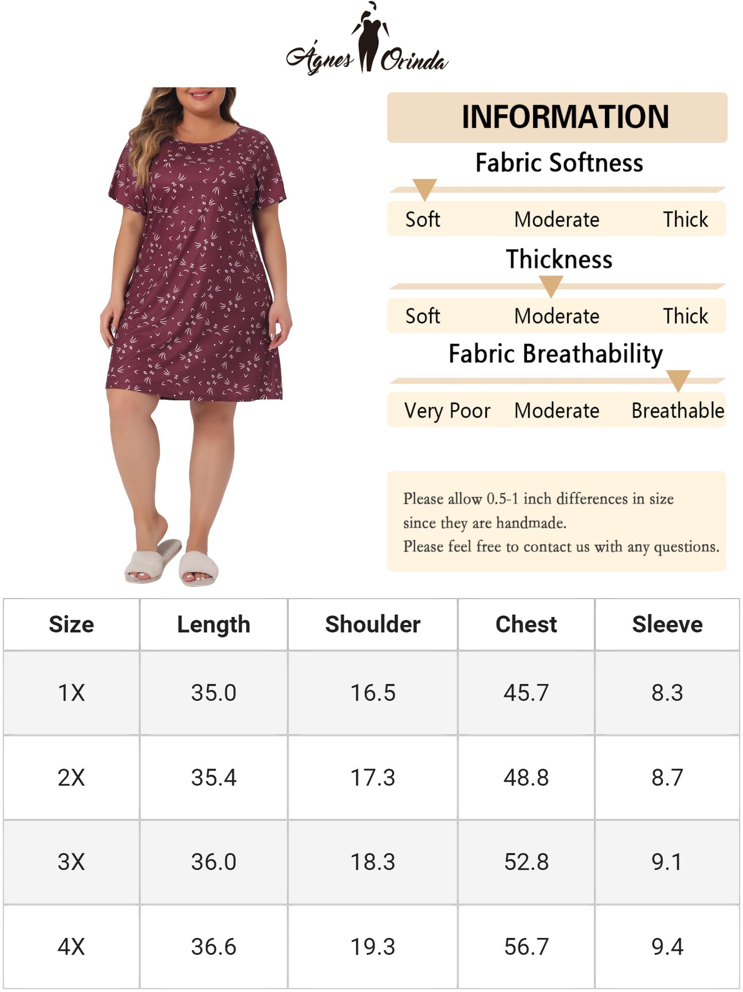 Women Plus Size Nightgown Pajama Round Neck Cat Allover Print Cute Sleepdress