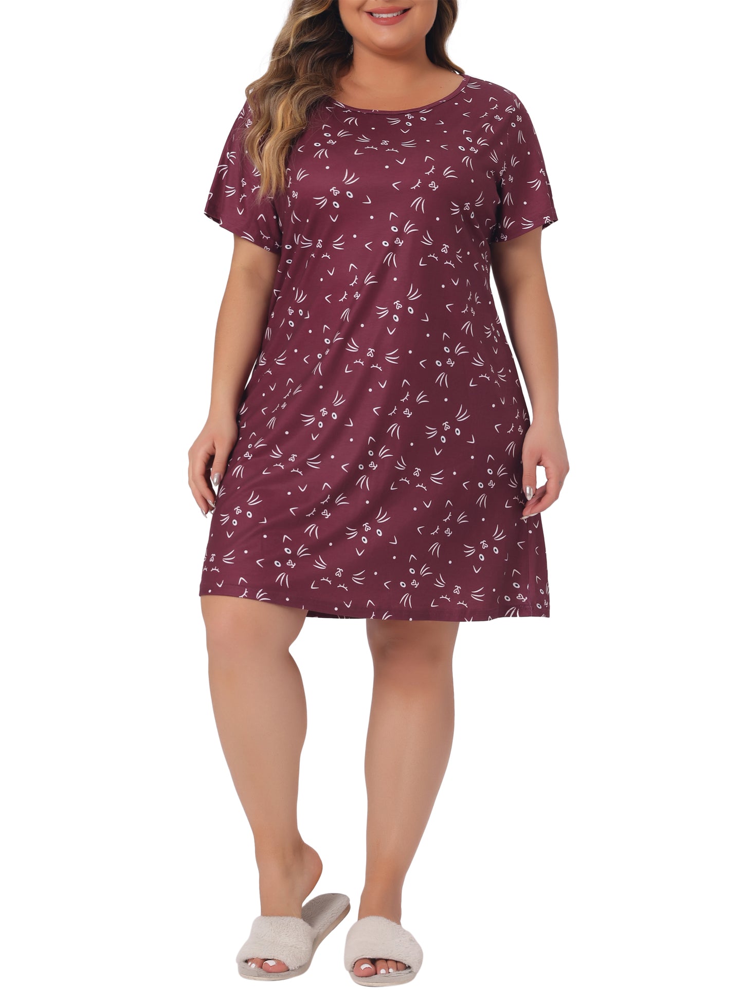 Women Plus Size Nightgown Pajama Round Neck Cat Allover Print Cute Sleepdress