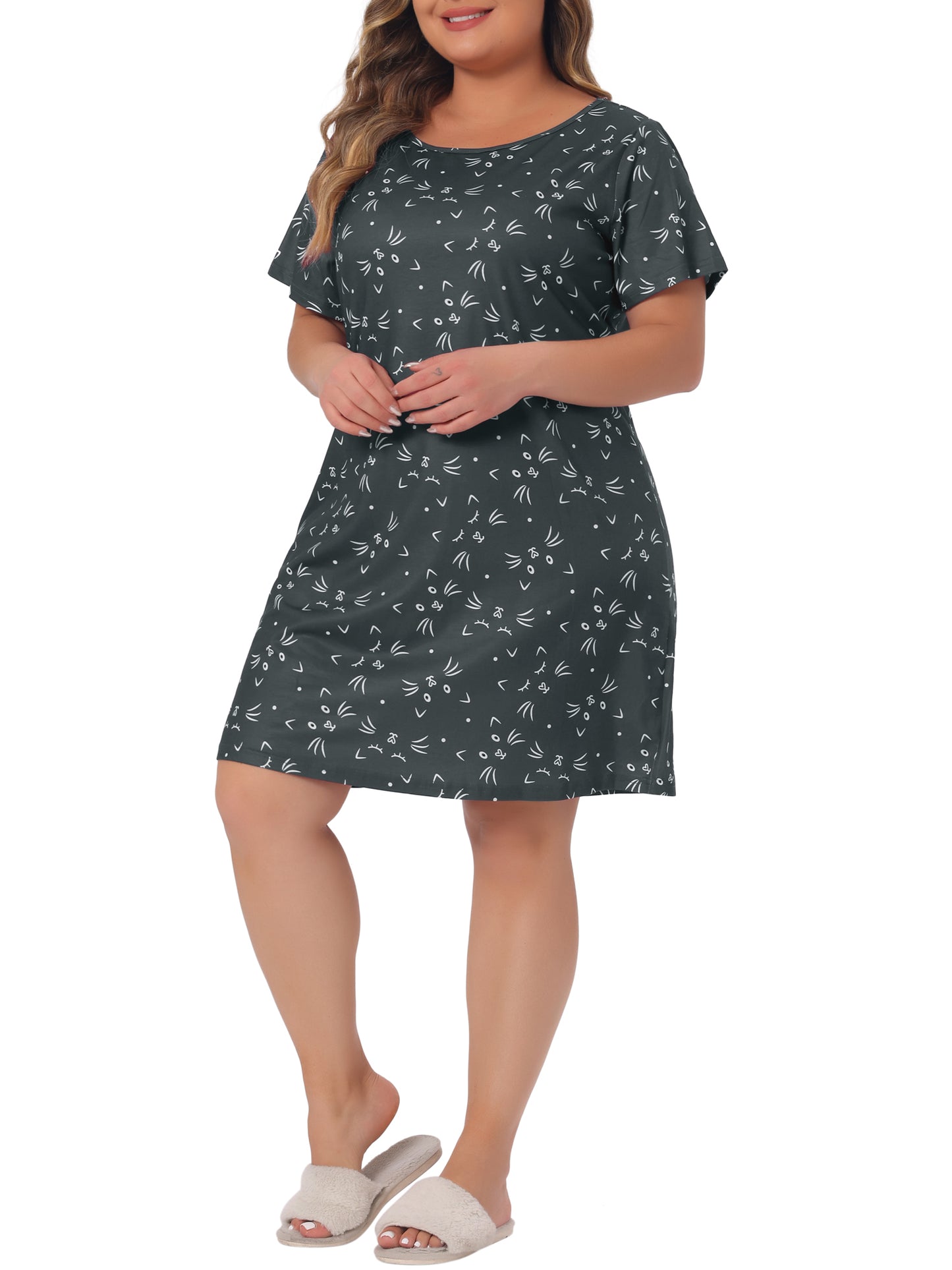 Camisón de talla grande para mujer, pijama con cuello redondo y estampado de gato
