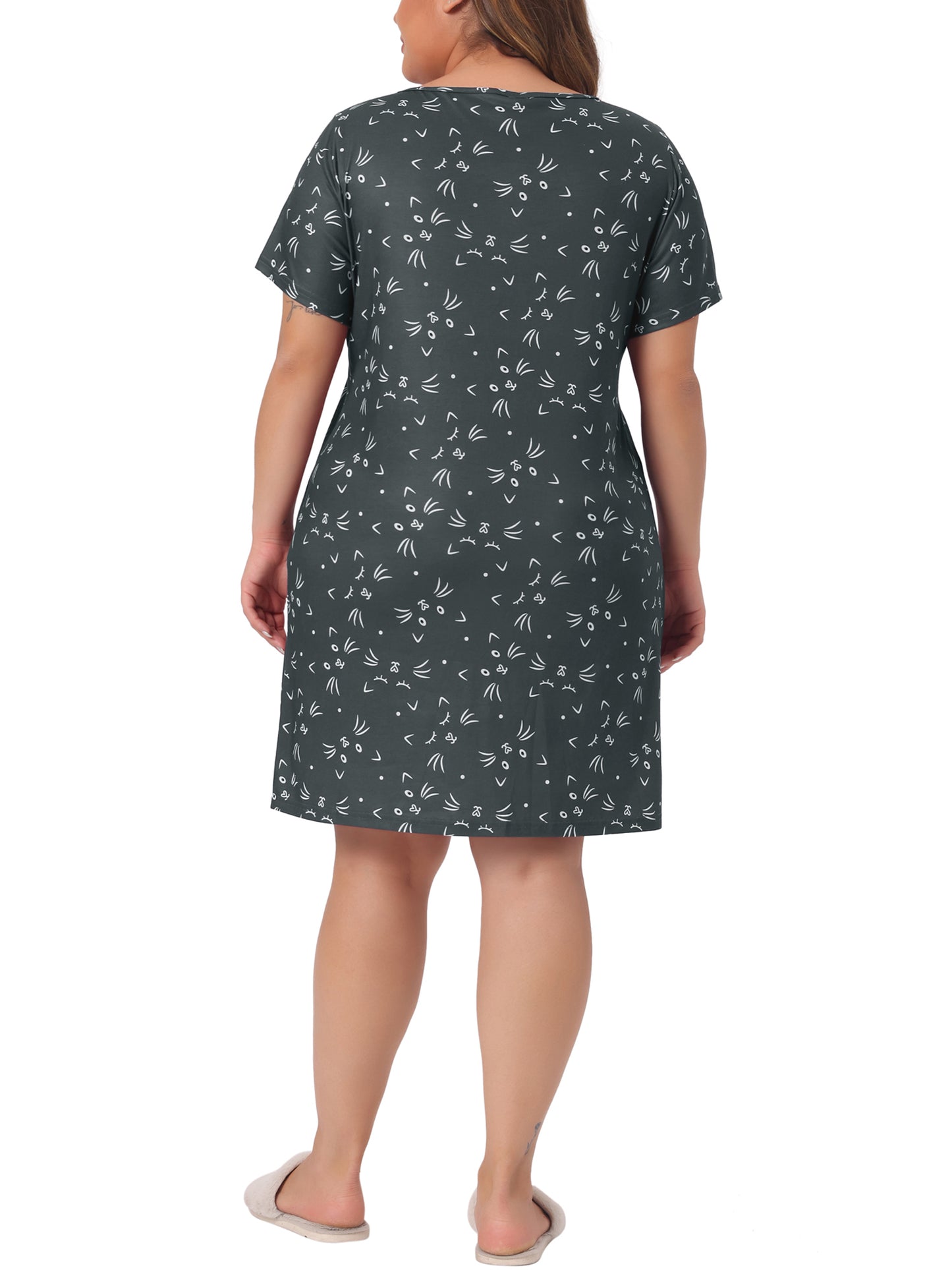 Camisón de talla grande para mujer, pijama con cuello redondo y estampado de gato